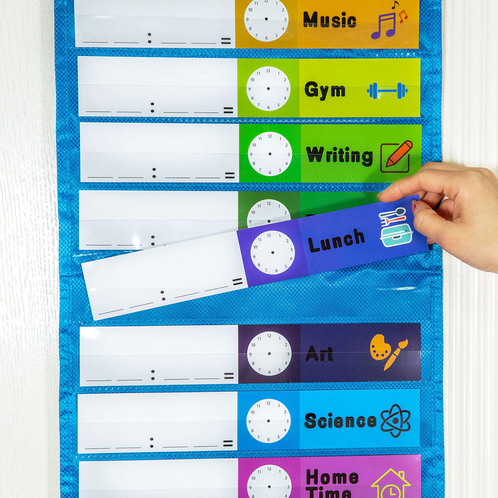 Youngever Classroom Pocket Chart,13+1 Pocket, Daily Schedule Pocket Chart, 26 Double-Sided Reusable Dry-Eraser Cards (13 Color+13 Blank) Educational Charts for Classroom Office Home Preschool Activity