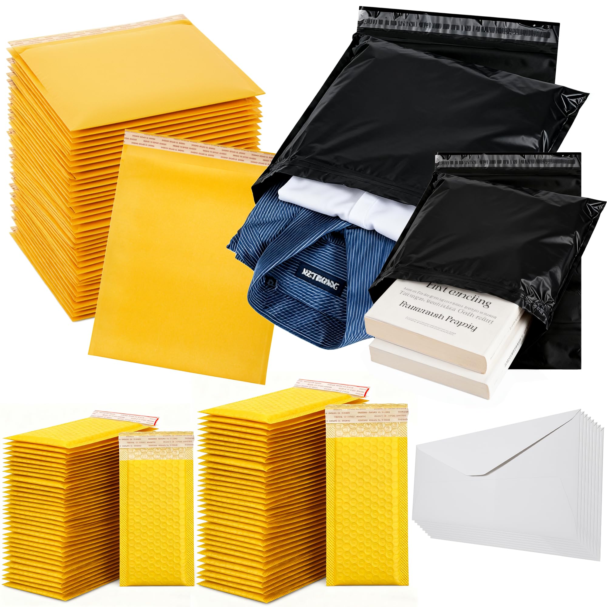 Youngever 120 Pcs Mailing Envelopes and Poly Mailers, Yellow Bubble Mailers, Durable Kraft Envelopes, White envelopes, Waterproof Self-Sealing Shipping Bags