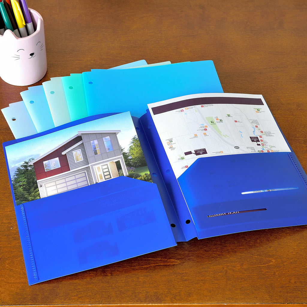 Youngever 6 Pack Heavy Duty Plastic Two Pocket Folders, Binder Dividers with Pocket, 3 Hole Punch Folder with Notches, Binder Folders