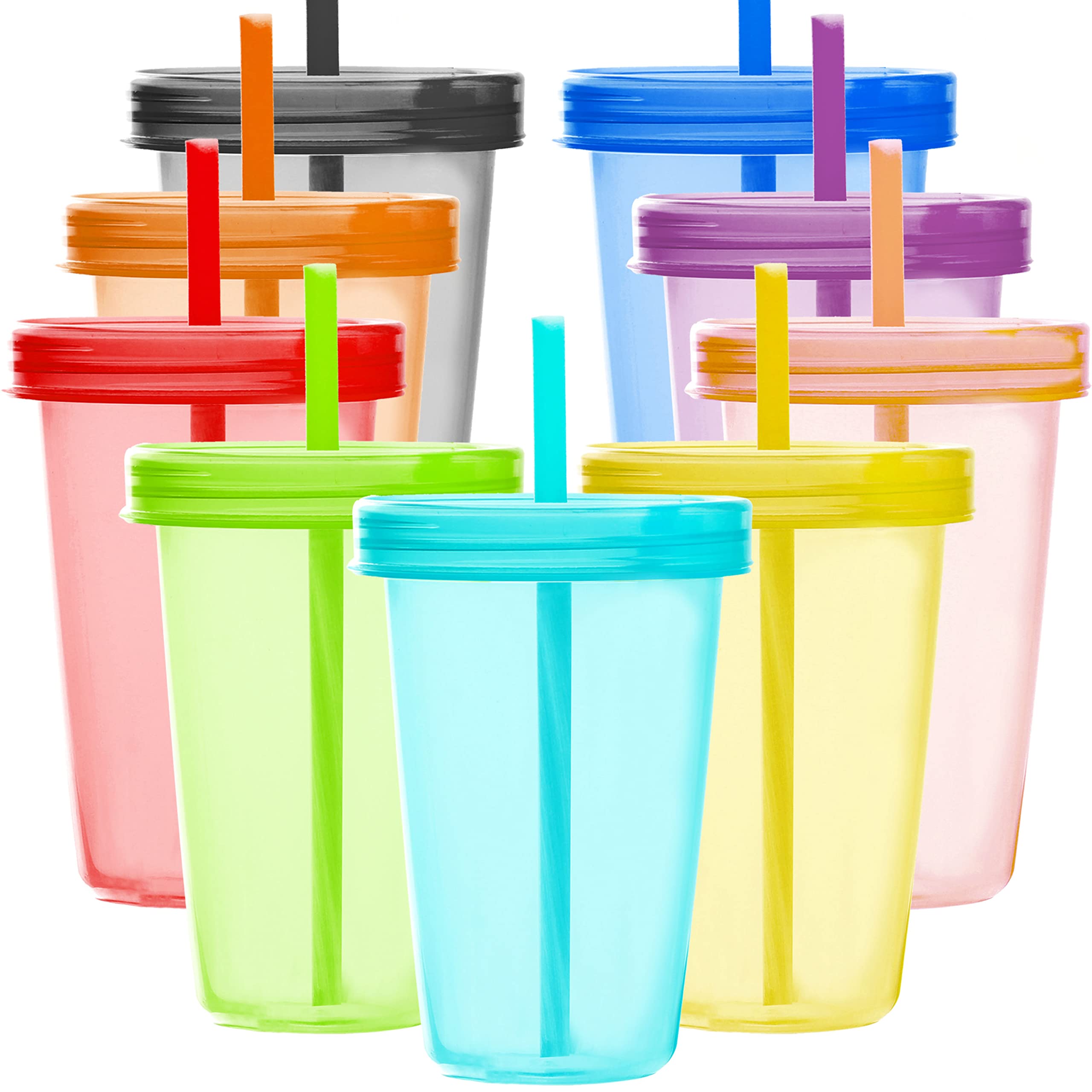 Youngever 9 Sets 16 Ounce Plastic Cups with Lids and Straws, Reusable Plastic Cups with Straws