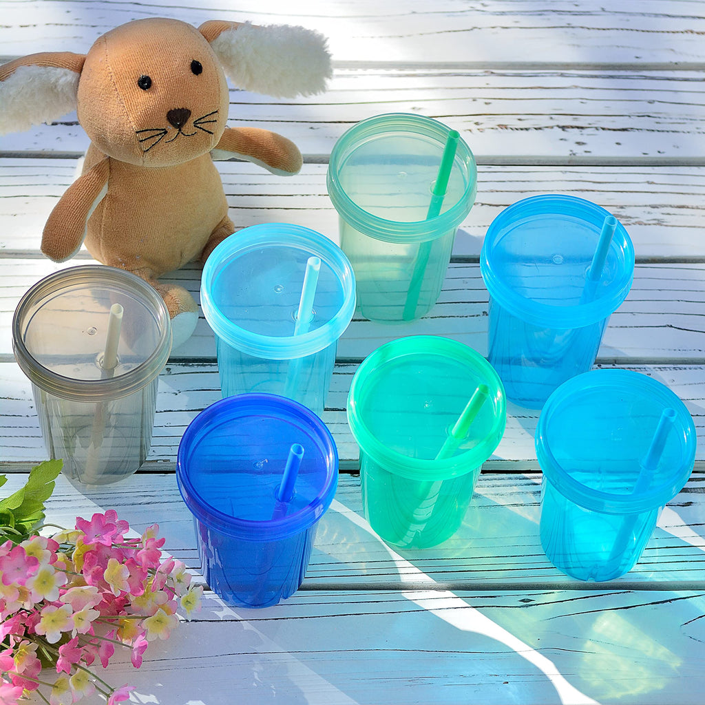 Youngever 7 Sets Plastic Kids Cups with Lids and Straws, 7 Reusable Toddler Cups with Straws in 7 Coastal Colors