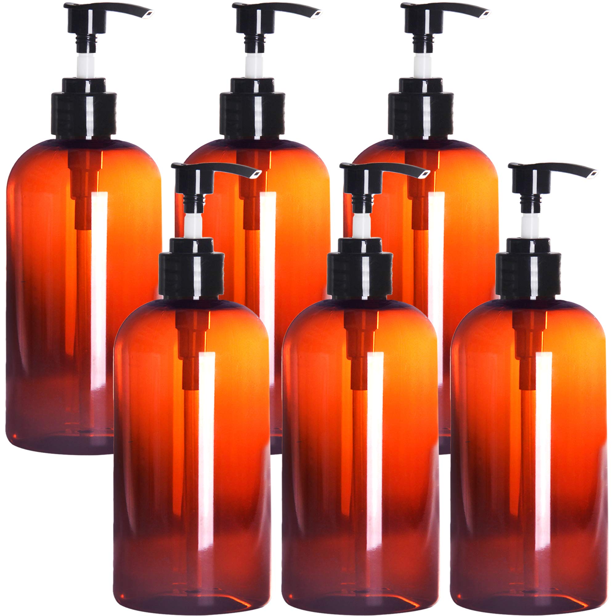 Youngever 6 Pack Amber Plastic Pump Bottles, Refillable Plastic Pump Bottles for Dispensing Lotions, Shampoos, Hand Sanitizer and More
