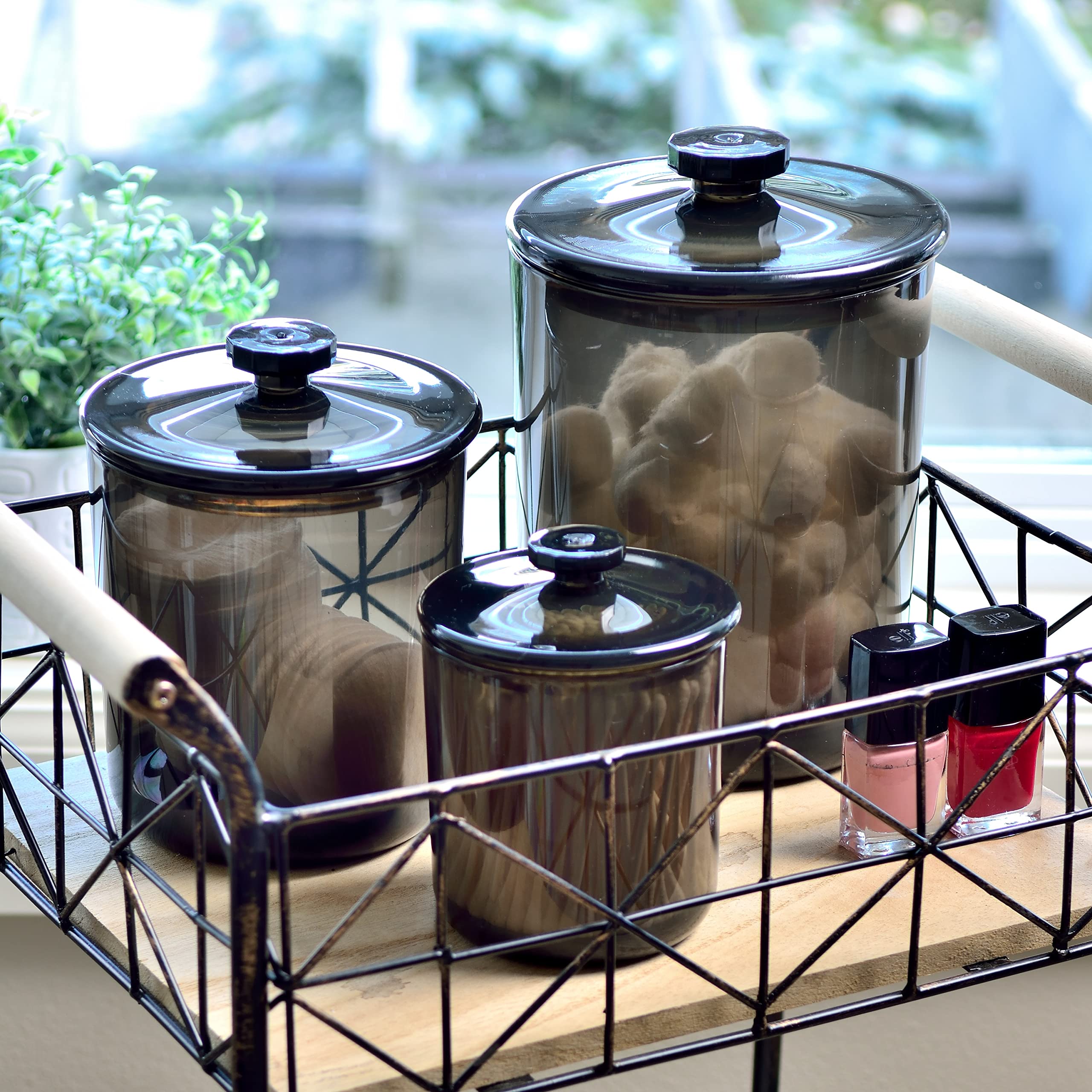 Youngever Black Plastic Apothecary Jars, Qtip Holder, Cotton Swab Holder, Bathroom Vanity Organizer for Cotton Balls, Cotton Pads, Qtips