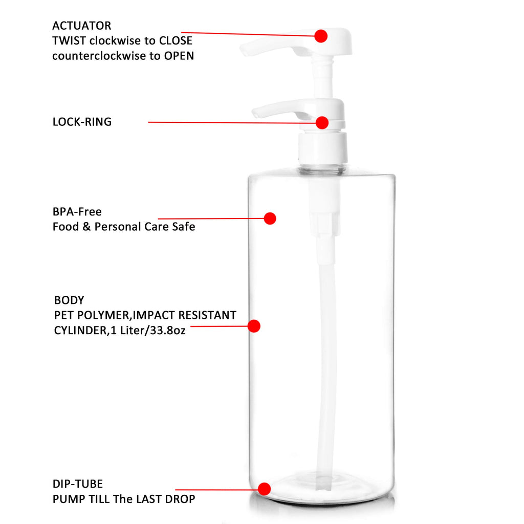 Youngever 4 Pack Pump Bottles for Shampoo 32 Ounce (1 Liter), Empty Shampoo Pump Bottles, Plastic Cylinder with Lockdown-Leak Proof-Pumps