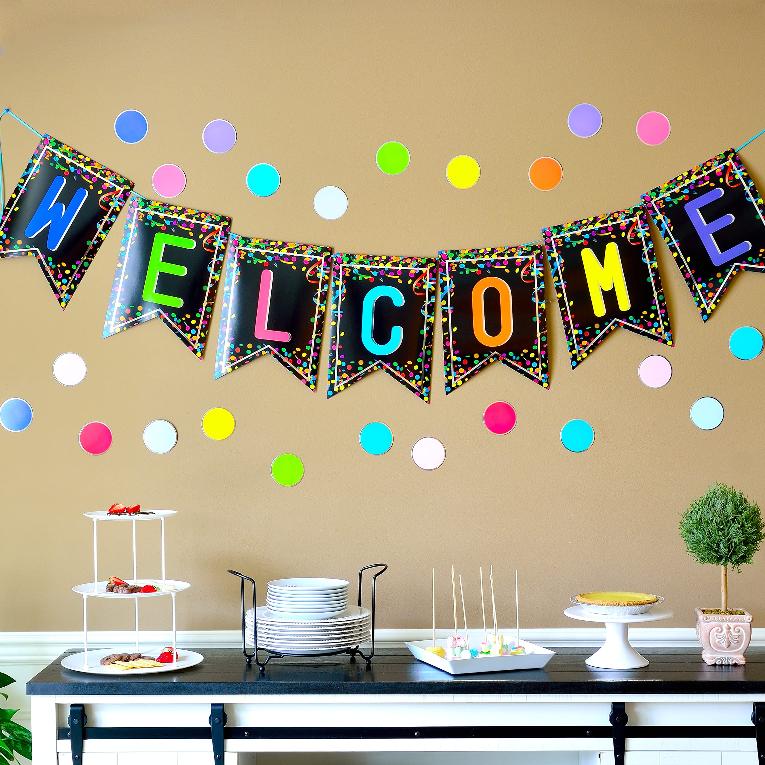 Youngever 67 pcs Confetti Pennants Welcome Bulletin Board with Golden Border (Black)