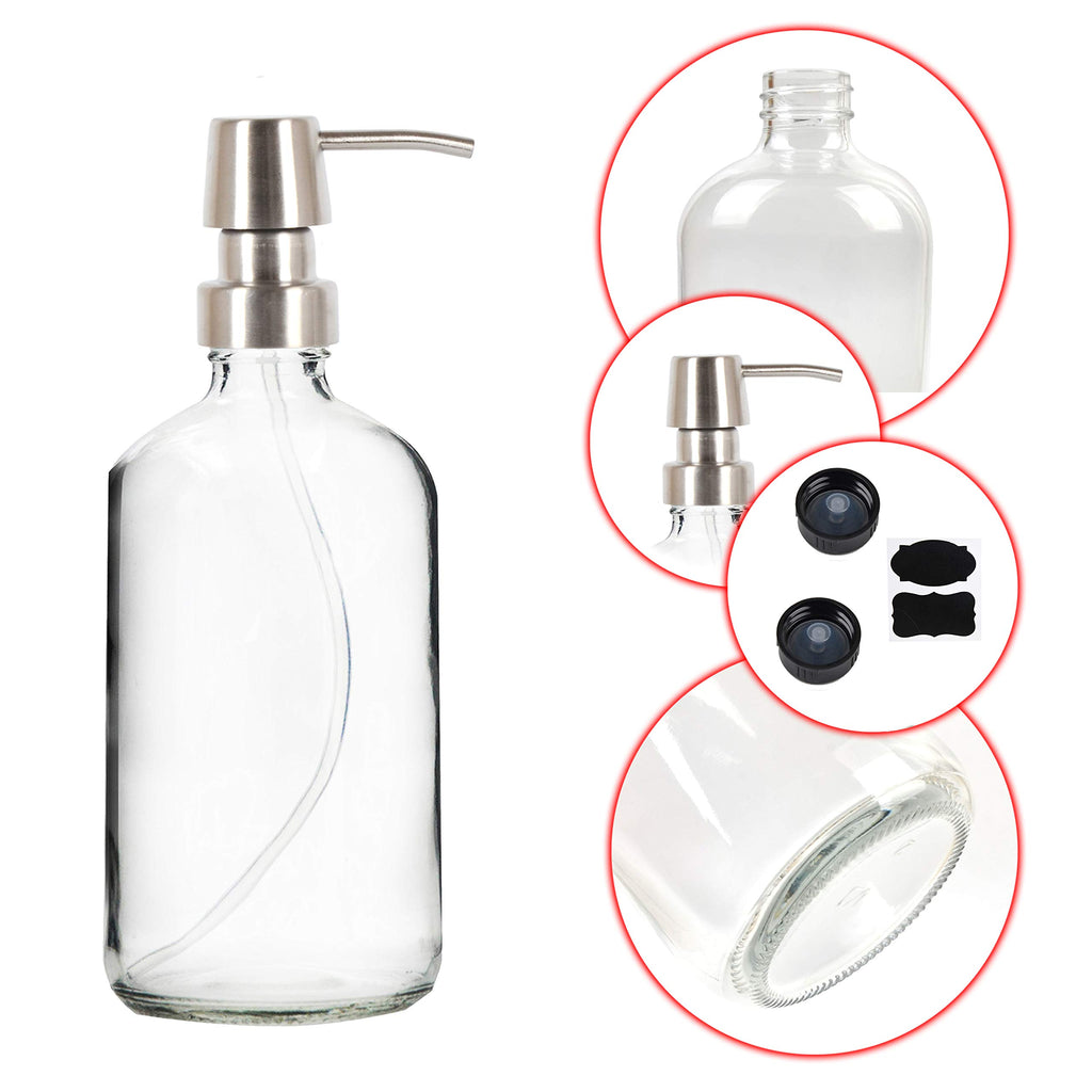 Youngever 3 Pack 16 Ounce Clear Glass Boston Round Bottles with Stainless Steel Pumps, Glass Soap Dispensers with Extra Labels and Lids, Great for Essential Oils, Lotions, Liquid Soaps