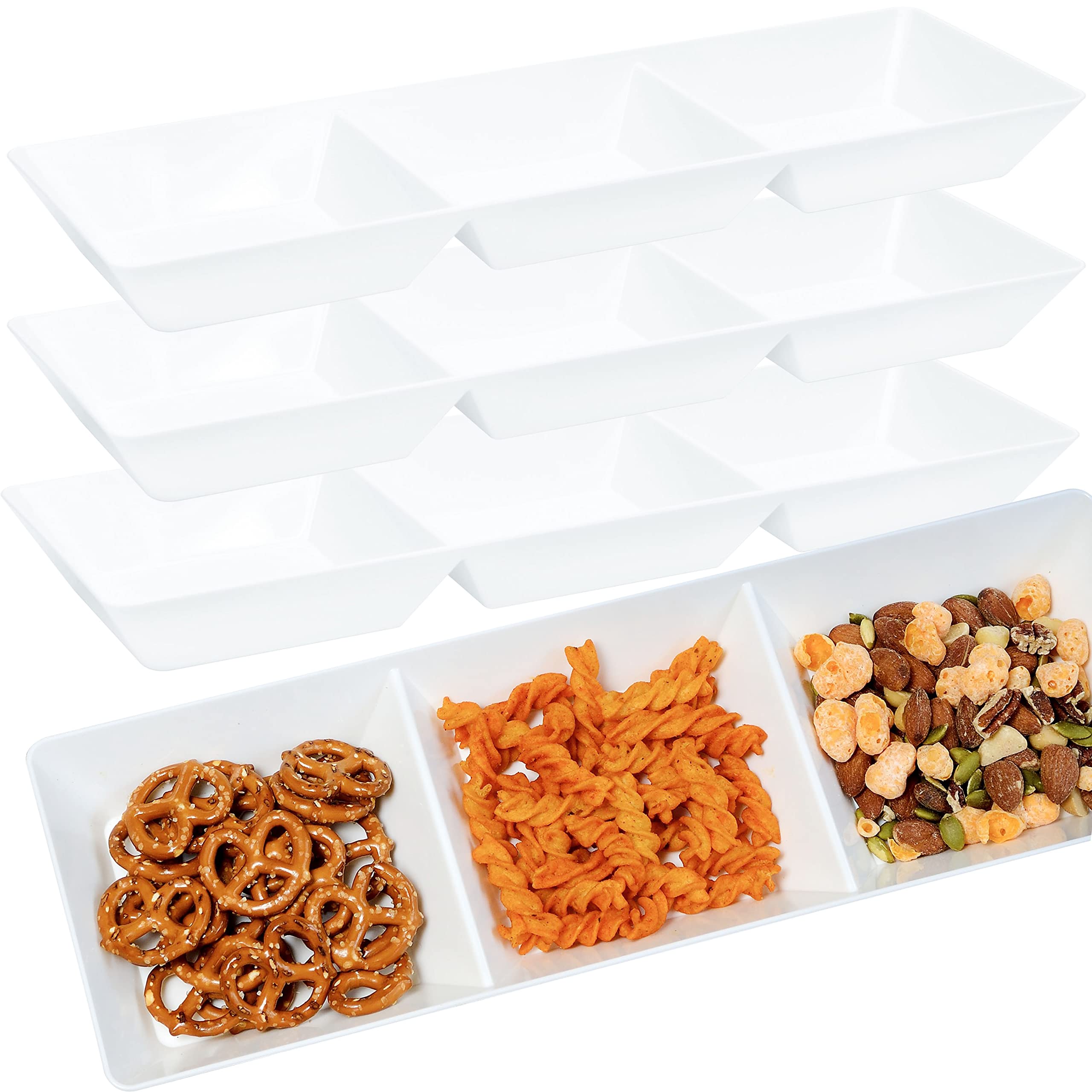 Youngever 4 Pack Stackable Serving Trays, Compartment Plastic Serving Trays, Serving Platters for Party, 15 inch x 5 inch (White)