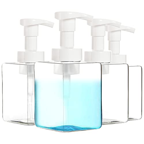 Youngever 4 Pack Clear Plastic Square Pump Bottles, Refillable Plastic Pump Bottles with Travel Lock (12 Ounce)
