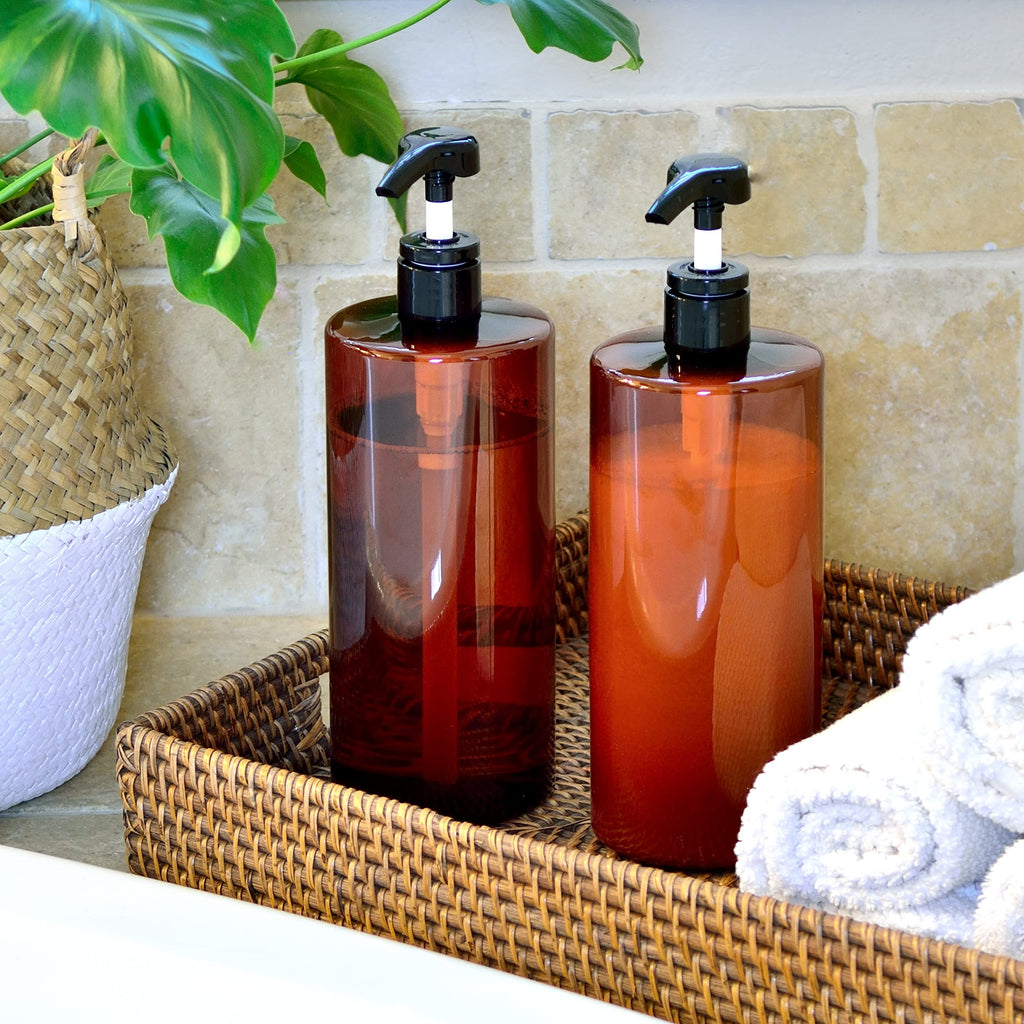 Youngever 4 Pack Pump Bottles for Shampoo 32 Ounce, Amber Shampoo Pump Bottles, Plastic Cylinder with Lockdown Leak Proof Pumps