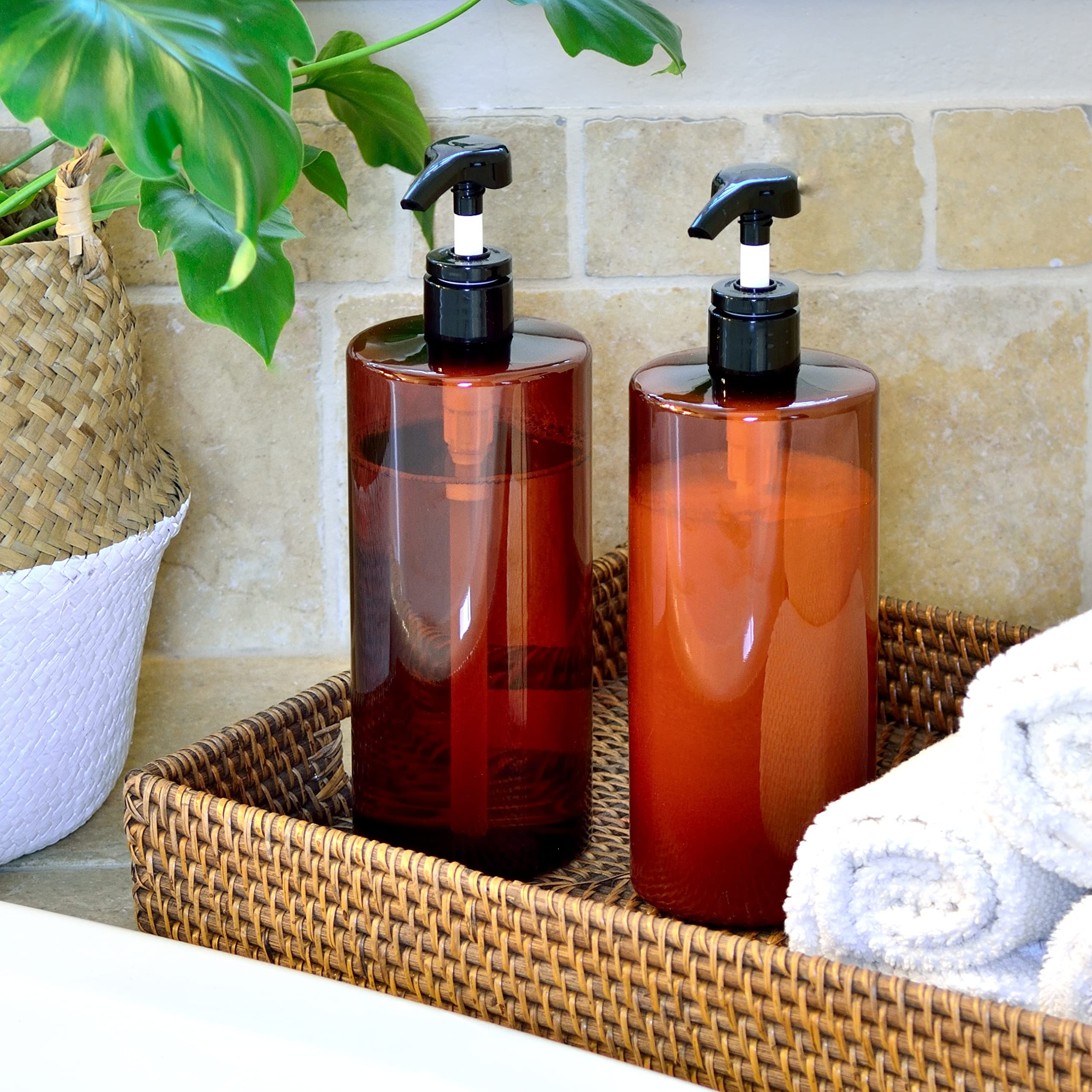 Youngever 4 Pack Pump Bottles for Shampoo 32 Ounce, Amber Shampoo Pump Bottles, Plastic Cylinder with Lockdown Leak Proof Pumps