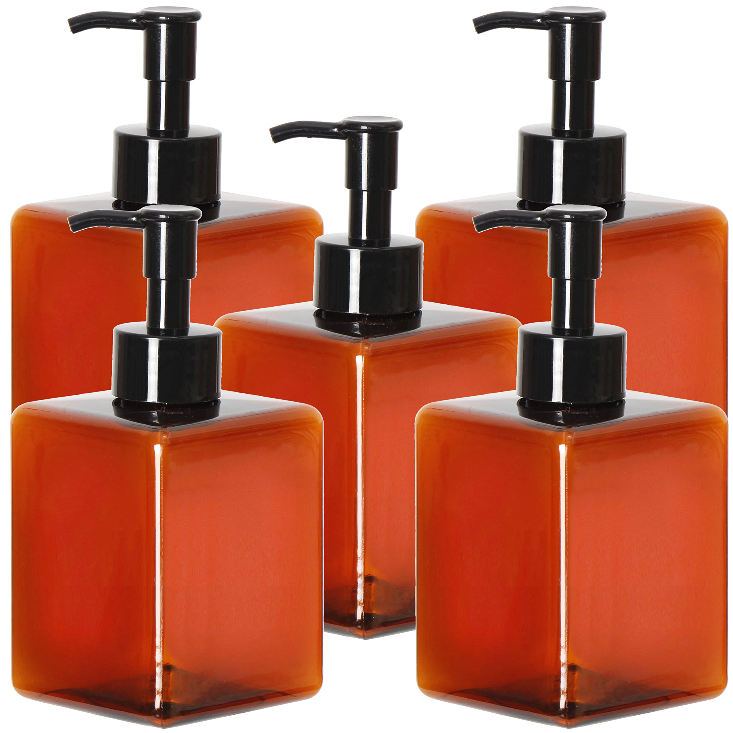 Youngever 5 Pack Amber Plastic Square Pump Bottles, Refillable Plastic Pump Bottles for Dispensing Lotions, Shampoos (360ML)