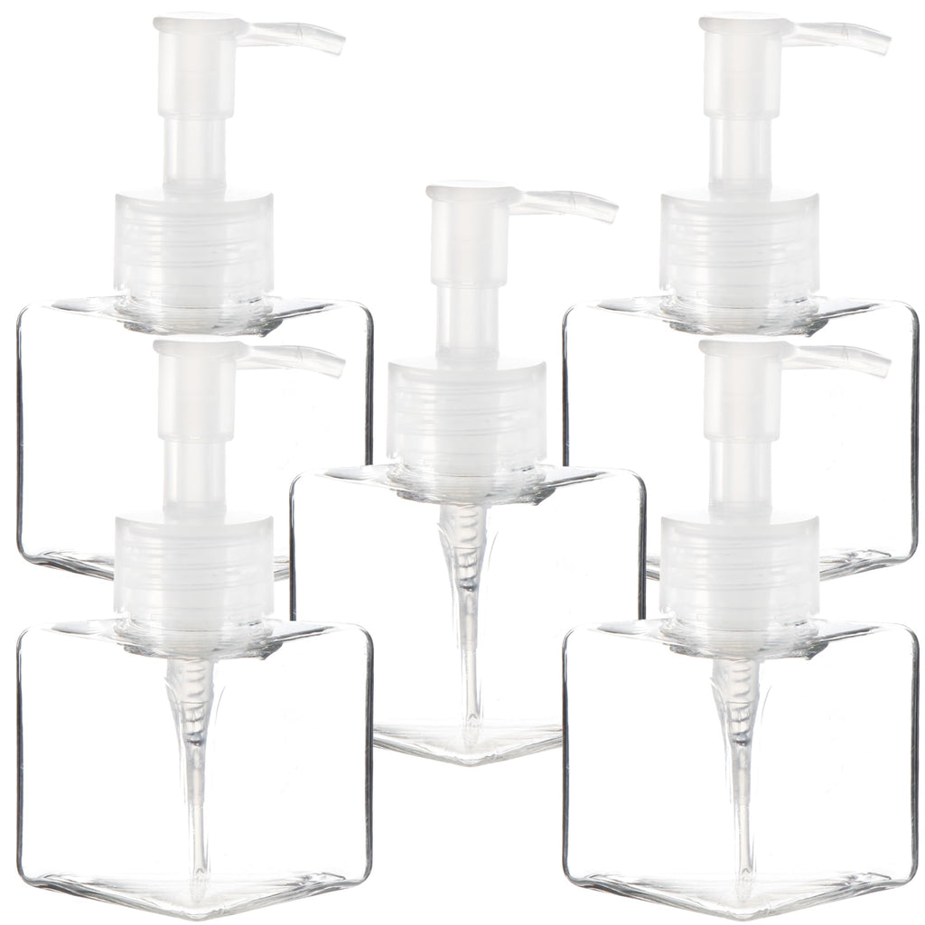 Youngever 5 Pack 4 Ounce Plastic Pump Bottles, Square Refillable Plastic Pump Bottles for Dispensing Lotions, Liquid Soap (Clear with Clear Pump)