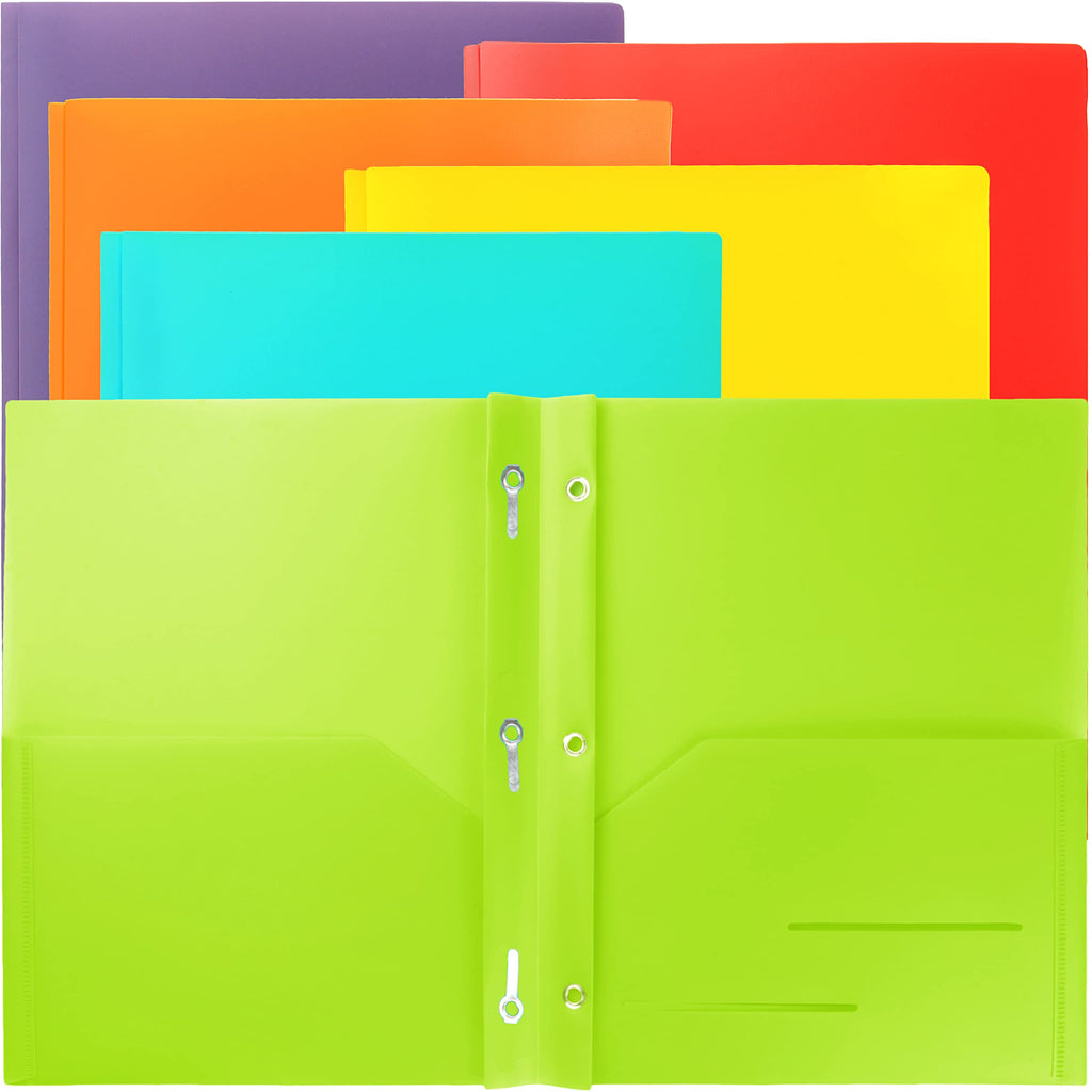 Youngever 12 Pack Heavy Duty Plastic Two Pocket Folders with 3 Prongs, Metal Prongs Fastener, Heavy Duty Plastic 2 Pocket Folder, in 6 Colors