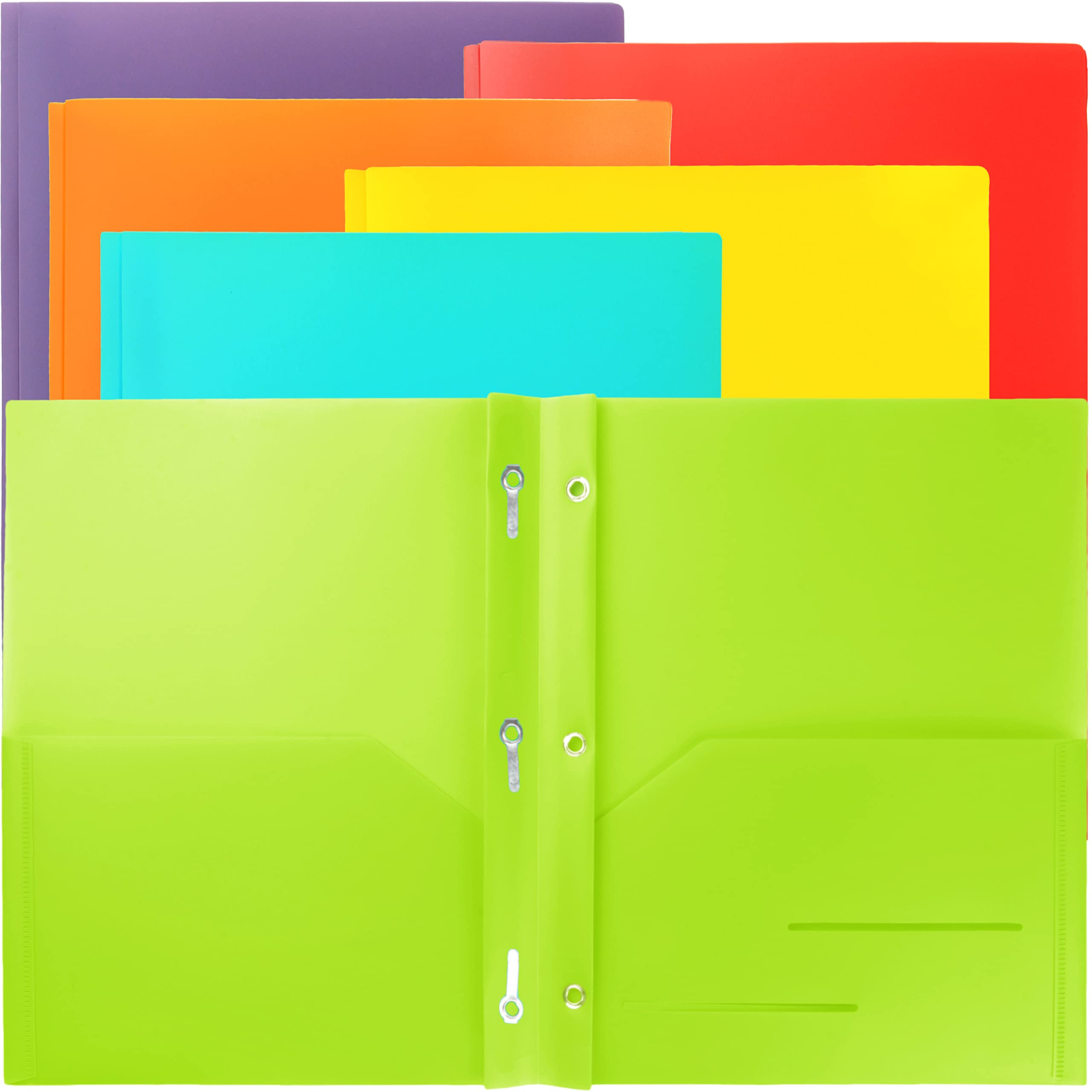 Youngever 12 Pack Heavy Duty Plastic Two Pocket Folders with 3 Prongs, Metal Prongs Fastener, Heavy Duty Plastic 2 Pocket Folder, in 6 Colors