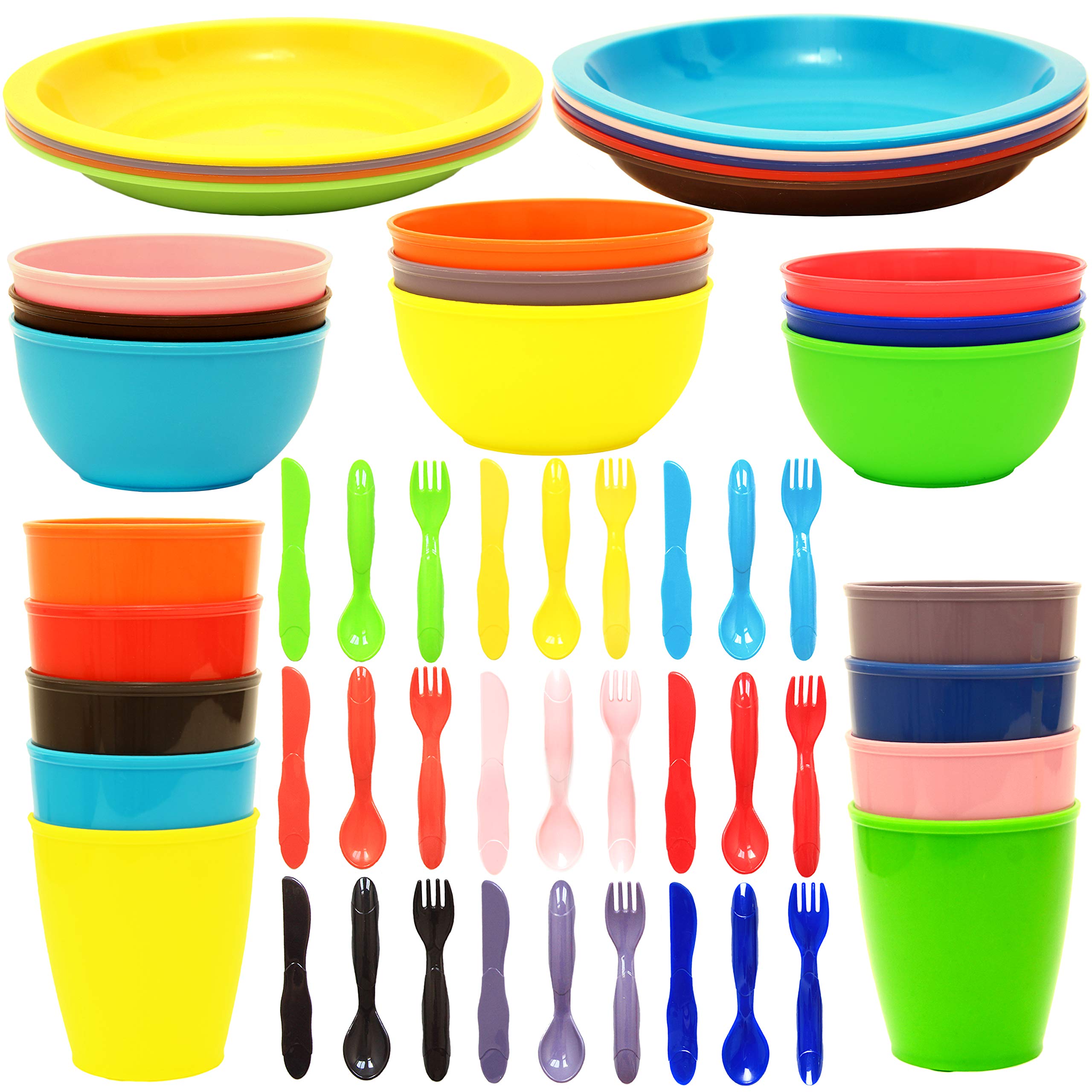 Youngever 54 Pcs Plastic Kids Dinnerware Set of 9 in Assorted Colors, Toddler Dining Set, Cups, Plates, Bowls, Flatware Set, Dishes