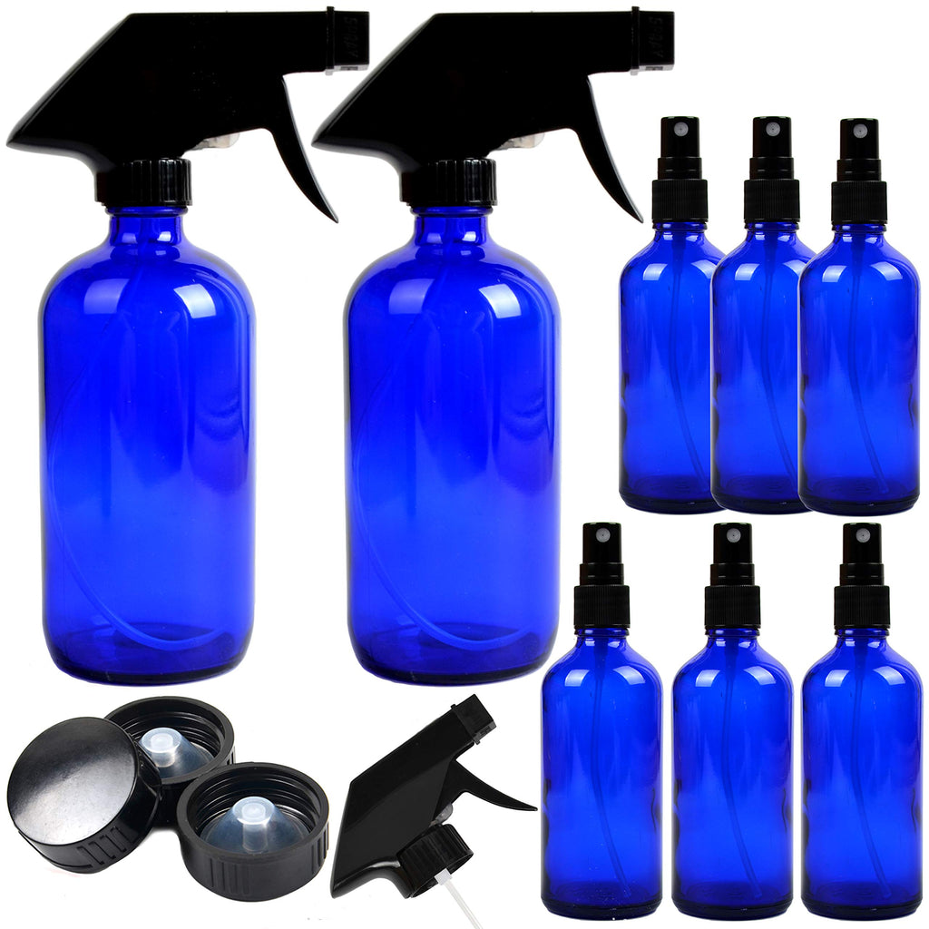 Youngever 8 Pack Empty Cobalt Blue Glass Spray Bottles, 2 Pack 8 Ounce and 6 Pack 4 Ounce Refillable Containers for Essential Oils, Durable Black Trigger Sprayer Fine Mist and Stream
