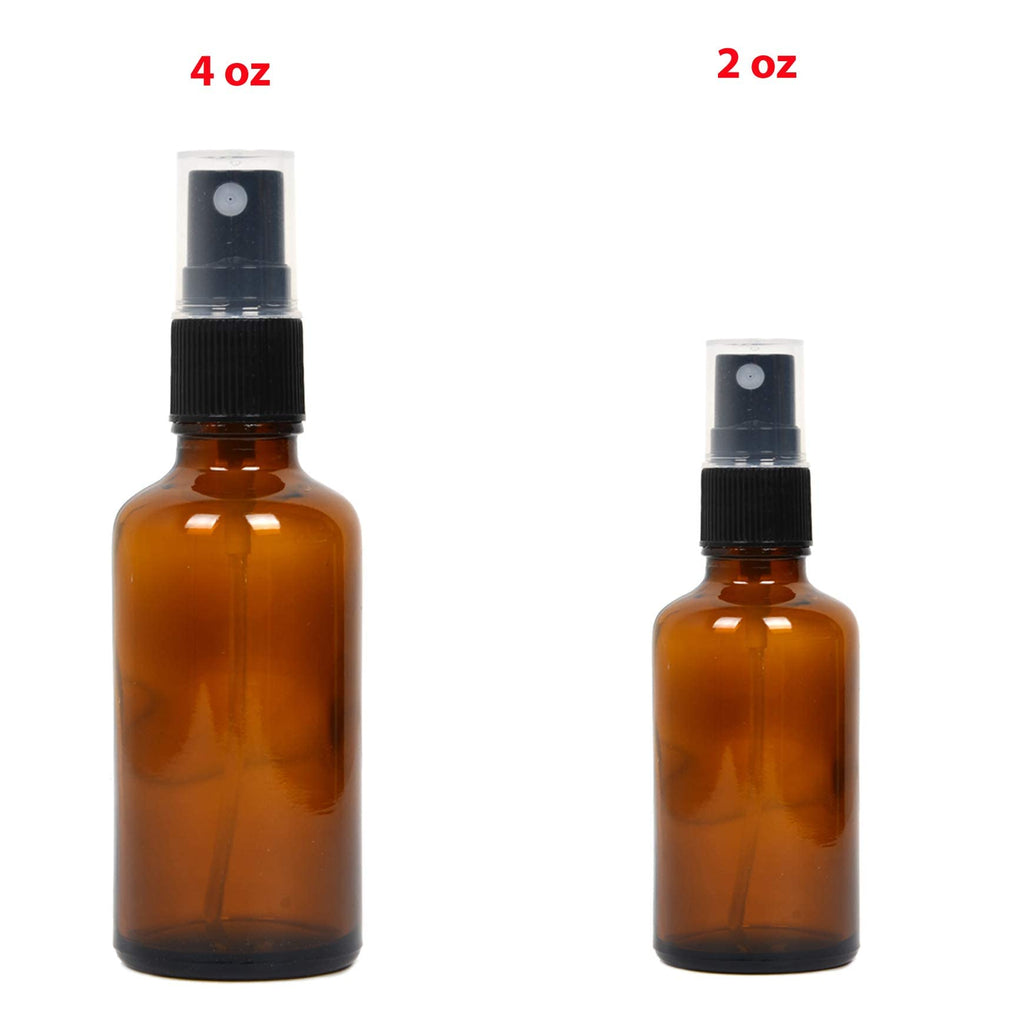 Youngever 12 Pack Empty Amber Glass Spray Bottles, 6 Pack 4 Ounce and 6 Pack 2 Ounce Refillable Containers for Essential Oils, Cleaning Products, Durable Black Trigger Sprayer Fine Mist and Stream