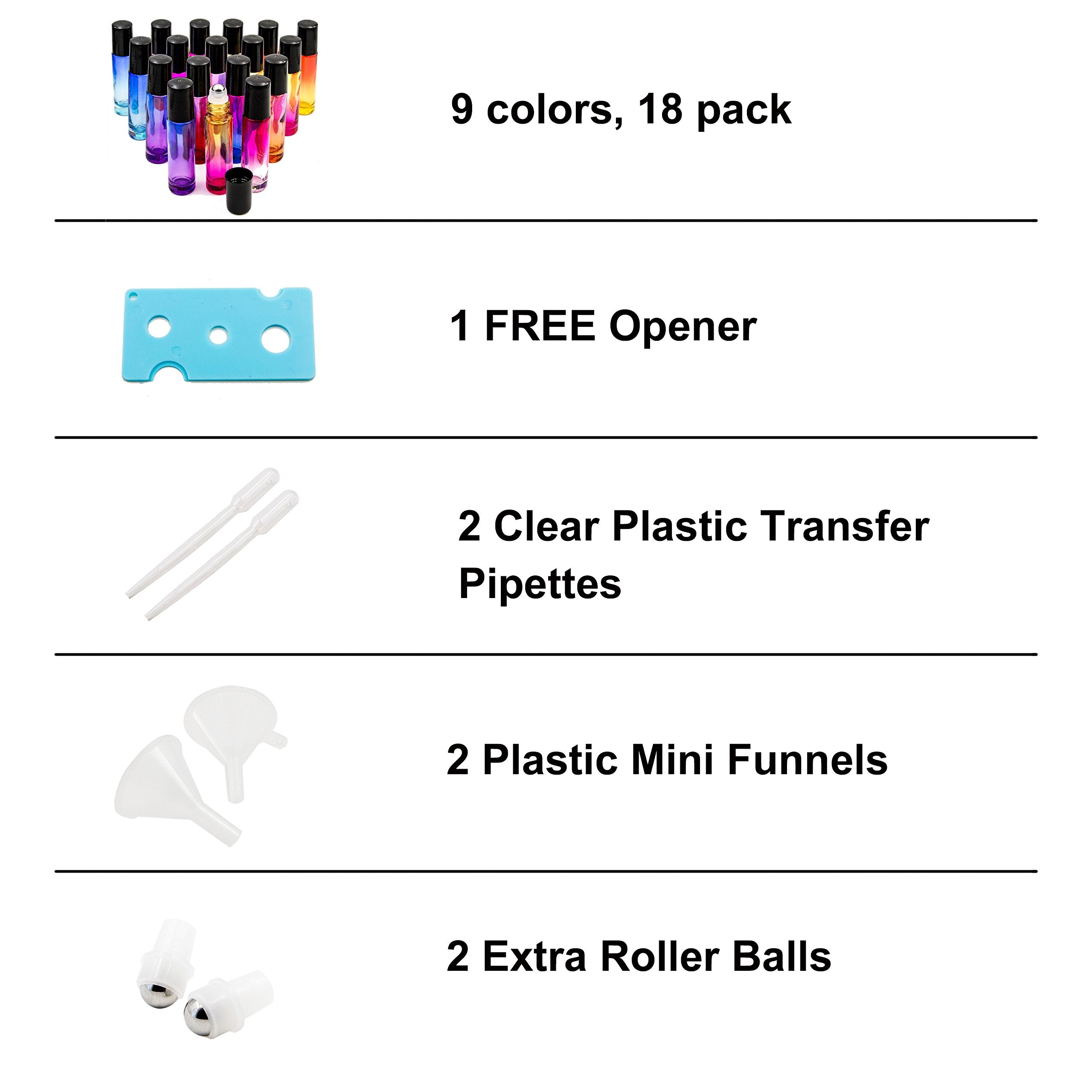 Youngever 18 Pack Rainbow Color Essential Oil Roller Bottles with Stainless Steel Roller Balls in 9 Colors, Opener, 2 Clear Transfer Pipettes, 2 Mini Funnels and Extra Roller Ball