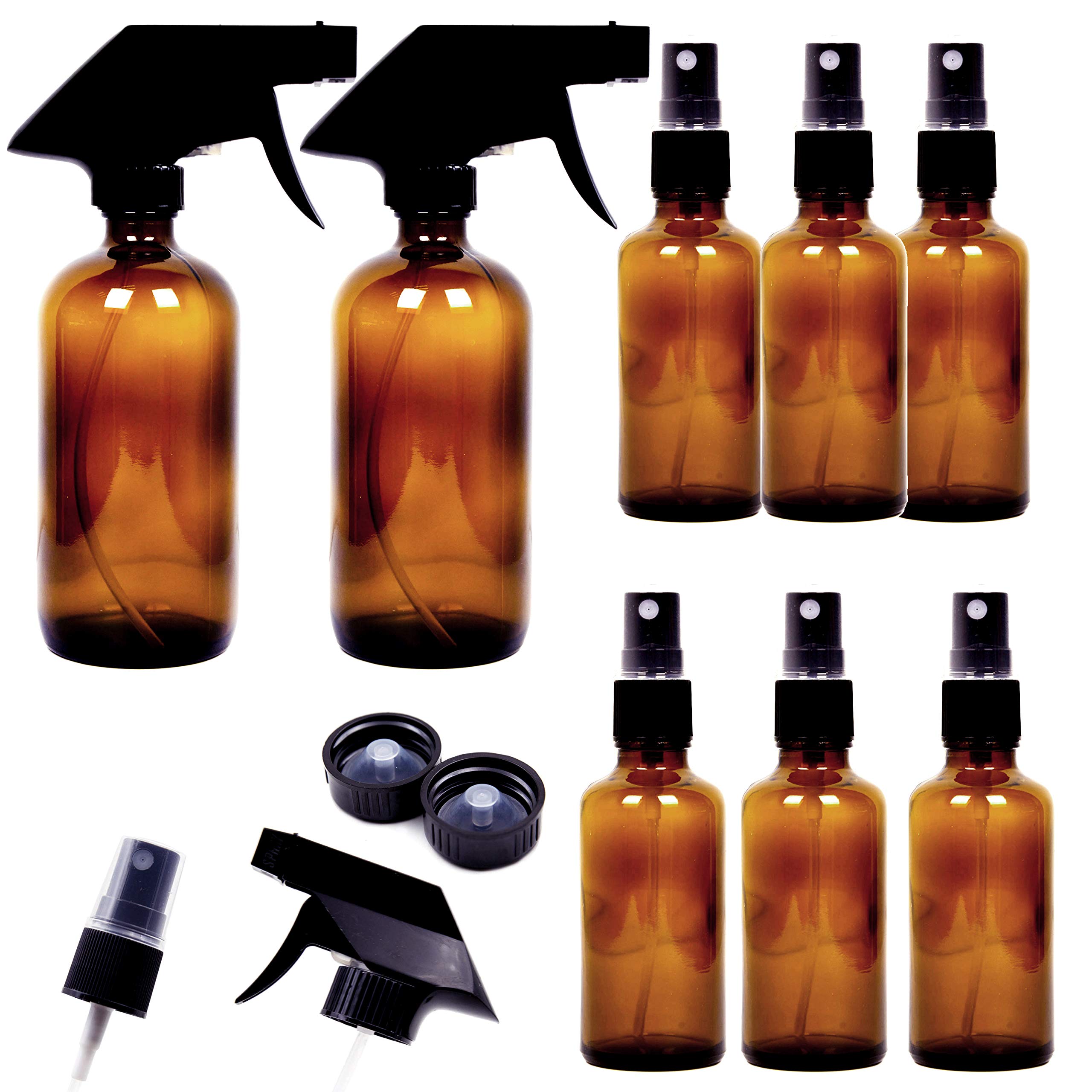 Youngever 8 Pack Empty Amber Glass Spray Bottles Set, 2 Pack 8 Ounce and 6 Pack 4 Ounce Refillable Containers for Essential Oils, Cleaning Products, Durable Black Trigger Sprayer Fine Mist and Stream
