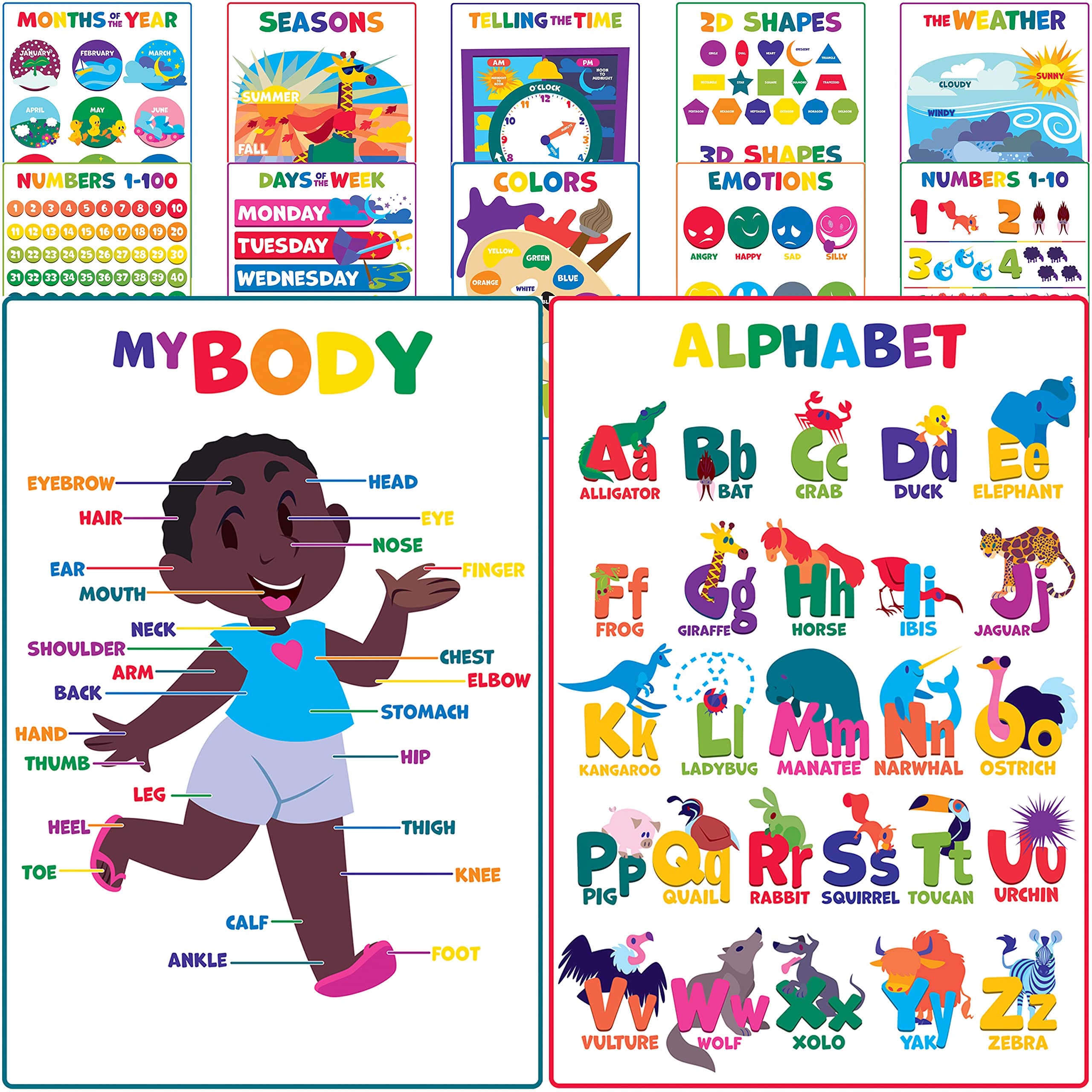 Youngever 12 Pack Laminated Educational Preschool Posters for Toddlers & Kids, Learning & Teaching Alphabet ABC Posters