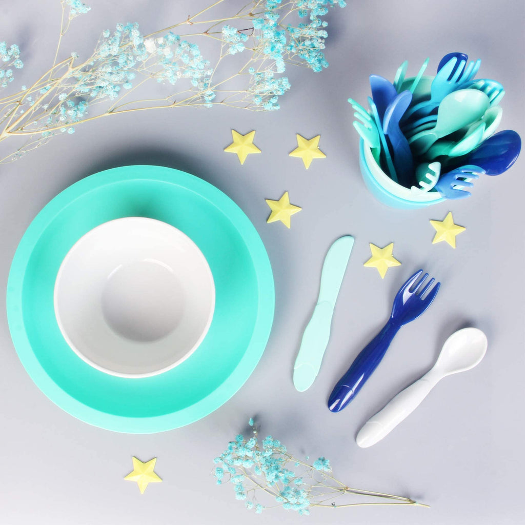 Youngever 54 pcs Plastic Dinnerware Set of 9, Coastal Colors, Toddler Dining Set, Cups, Plates, Bowls, Flatware Set