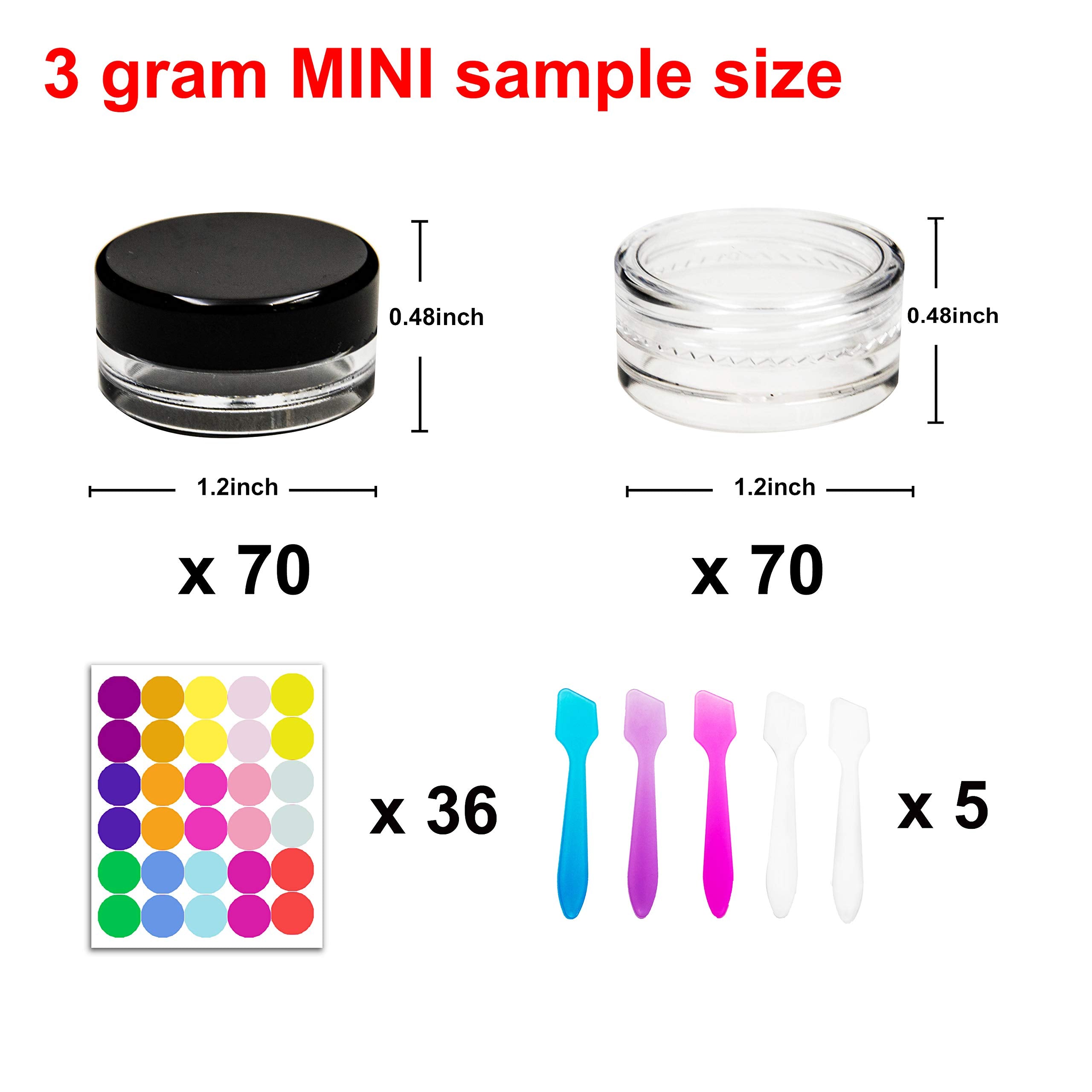 Youngever 140 Pcs Empty Plastic Cosmetic Samples Containers, Plastic Jars With Lids, 5 Mini Spatulas