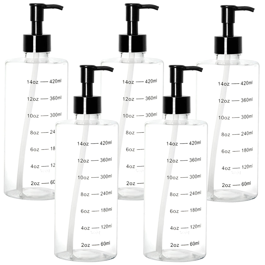 Youngever 5 Pack Plastic Pump Bottles 16 Ounce, Clear Refillable Plastic Pump Bottles with Measurement and Travel Lock