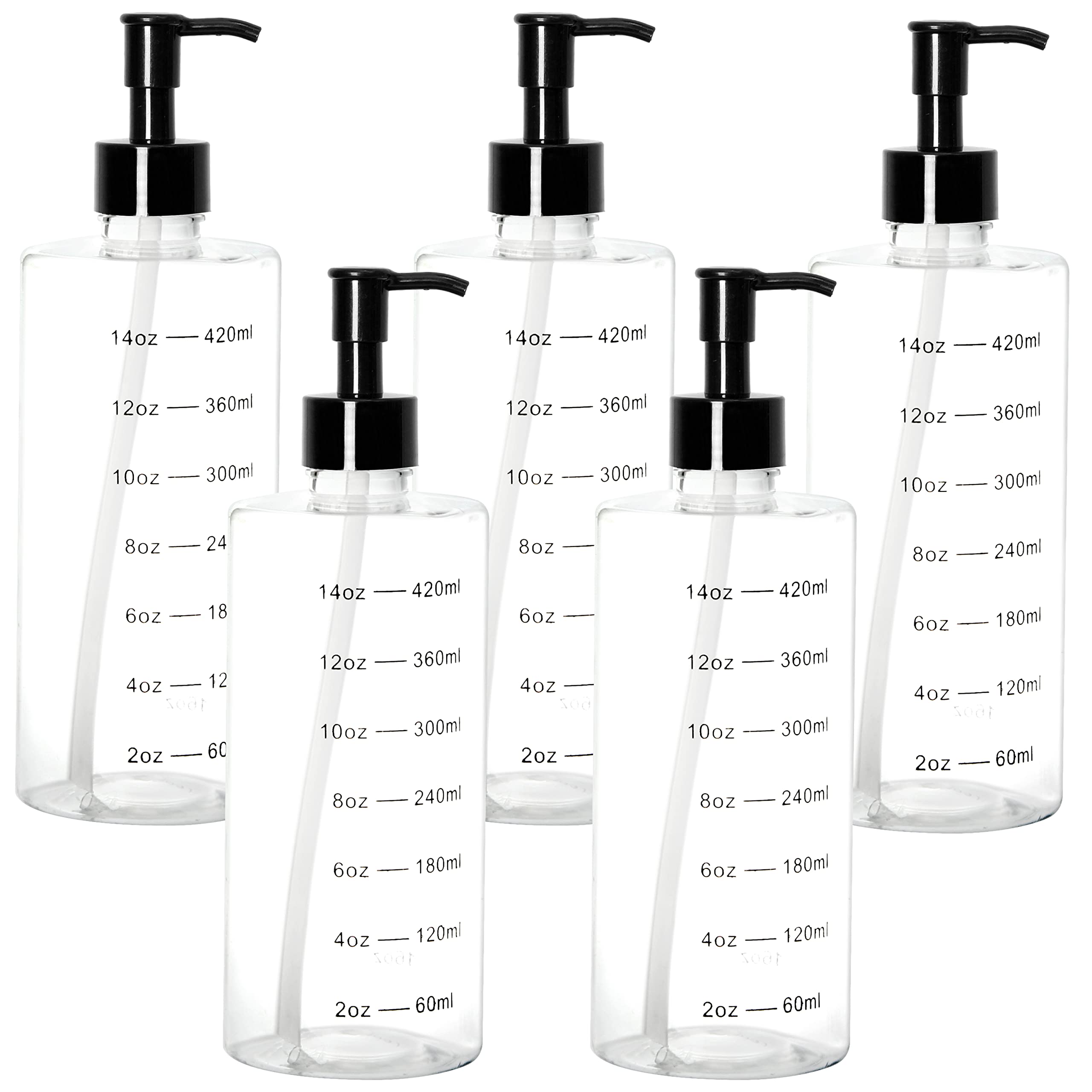 Youngever 5 Pack Plastic Pump Bottles 16 Ounce, Clear Refillable Plastic Pump Bottles with Measurement and Travel Lock