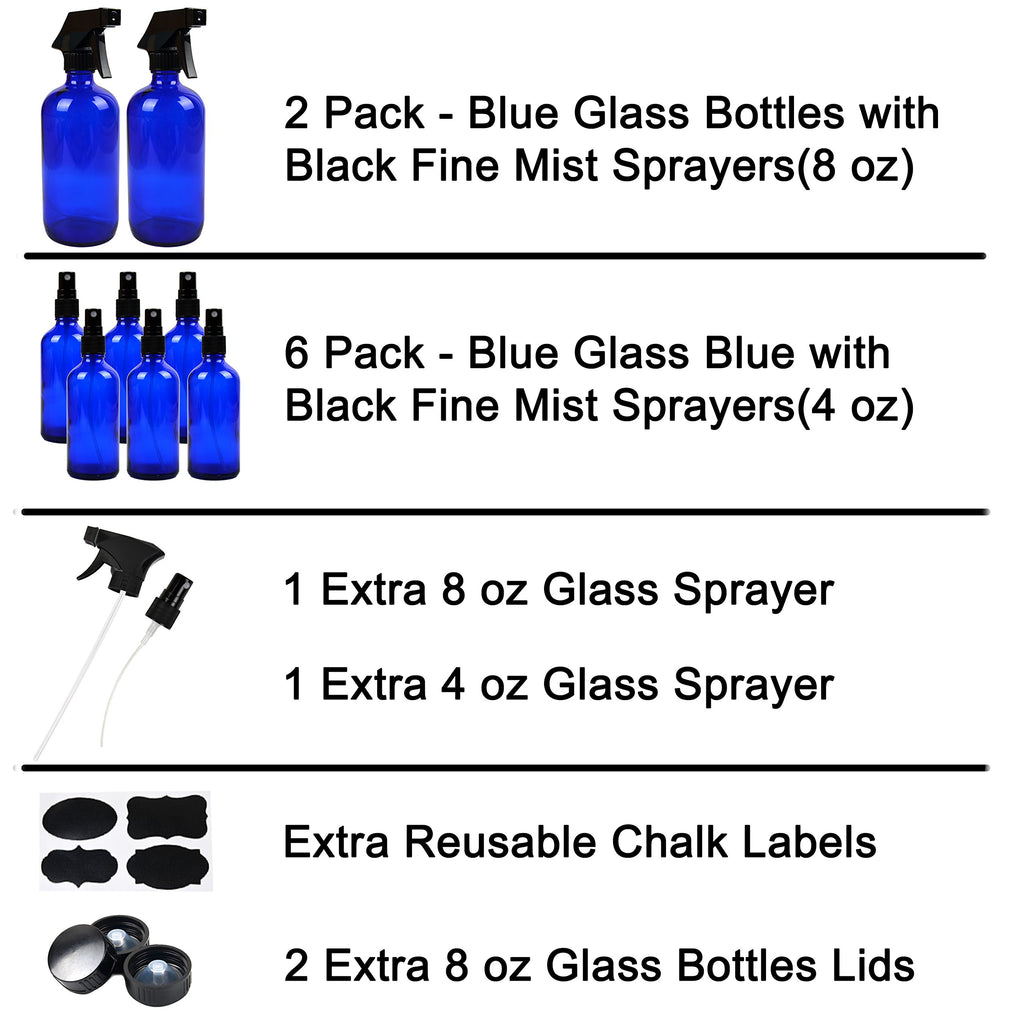 Youngever 8 Pack Empty Cobalt Blue Glass Spray Bottles, 2 Pack 8 Ounce and 6 Pack 4 Ounce Refillable Containers for Essential Oils, Durable Black Trigger Sprayer Fine Mist and Stream