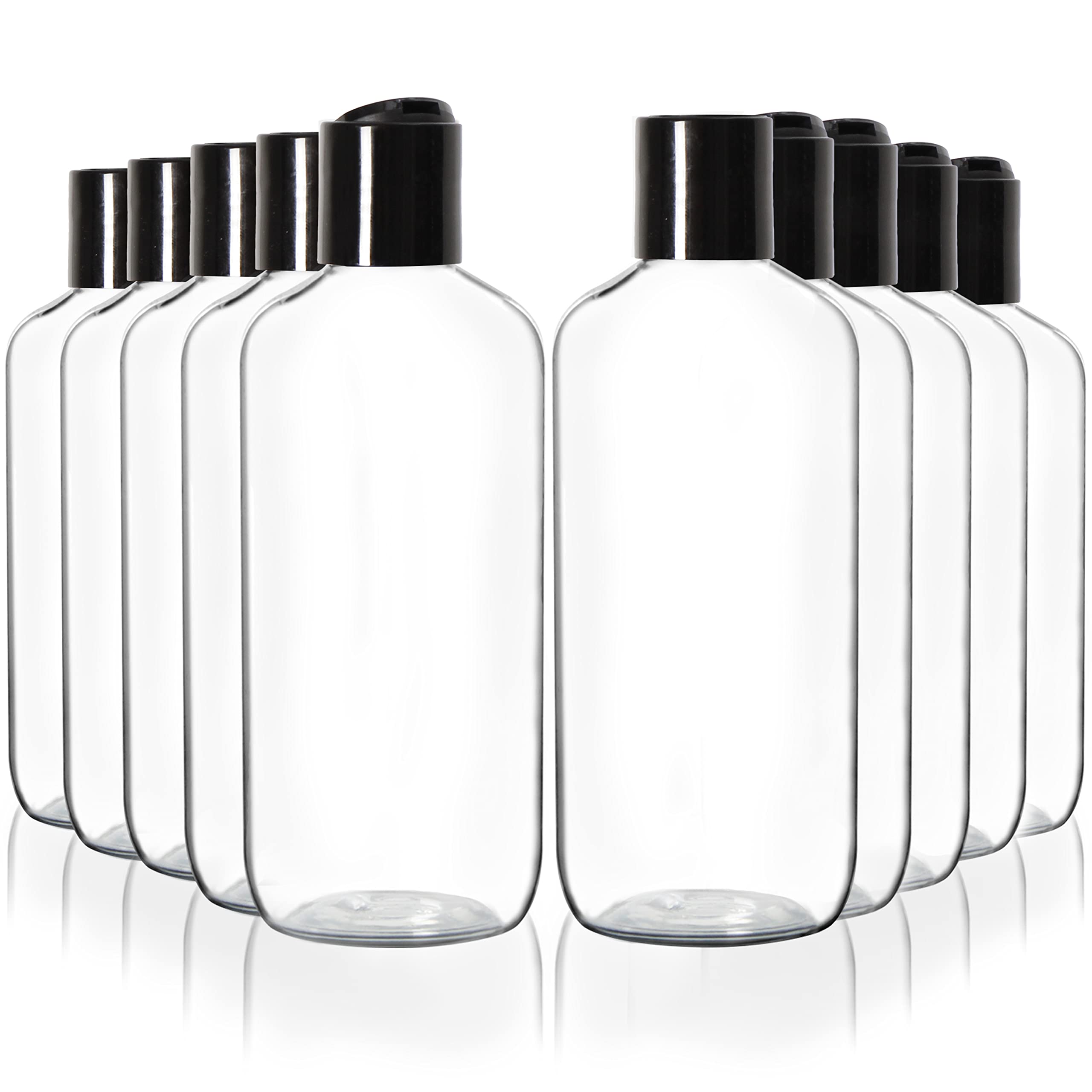 Youngever 10 Pack Clear Plastic Empty Bottles with Disc Cap 8 Ounce, Refillable Cosmetic Bottles, Squeeze Containers for Shampoo, Liquid Body Soap, Lotion, Cream (Long)