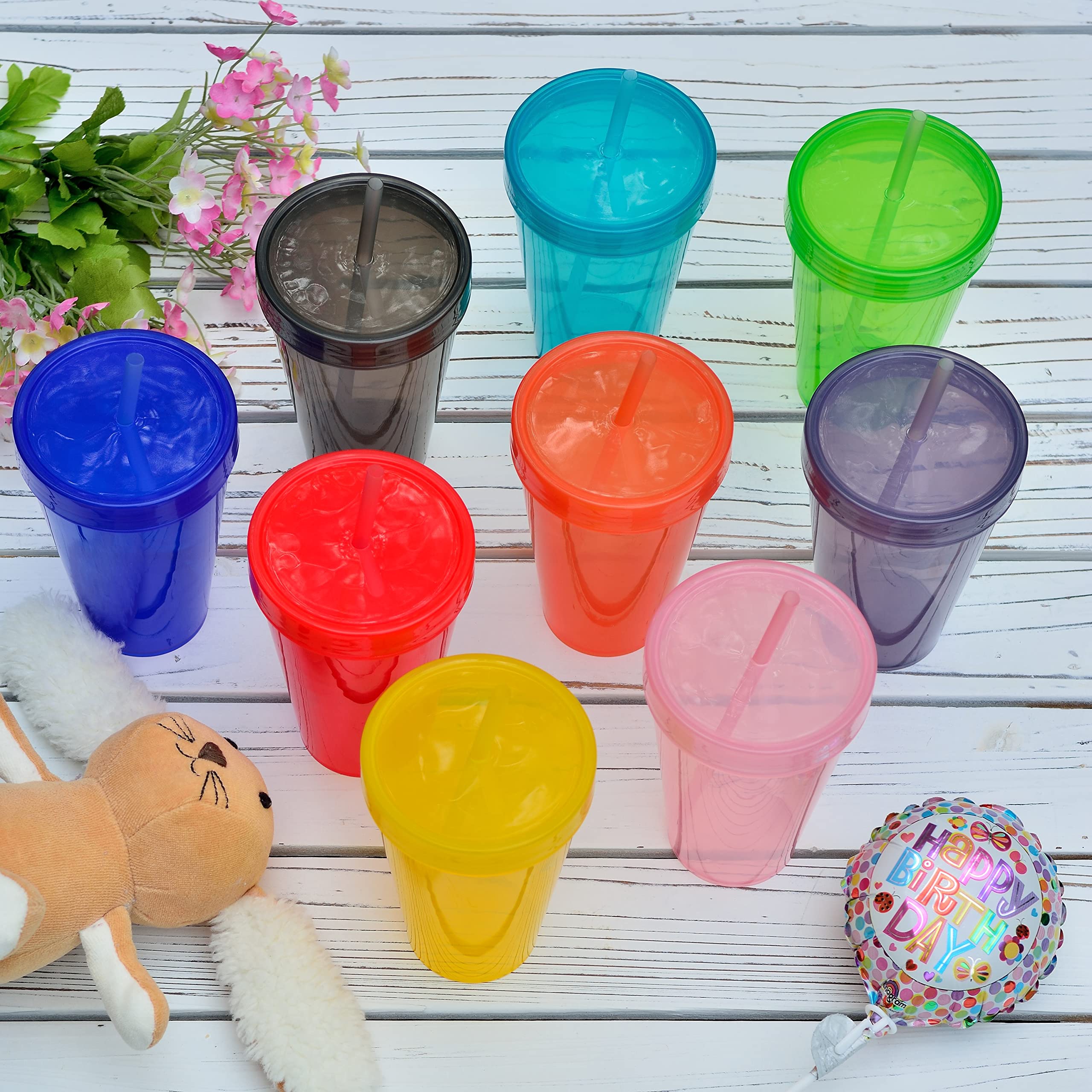 Youngever 9 Sets 16 Ounce Plastic Cups with Lids and Straws, Reusable Plastic Cups with Straws