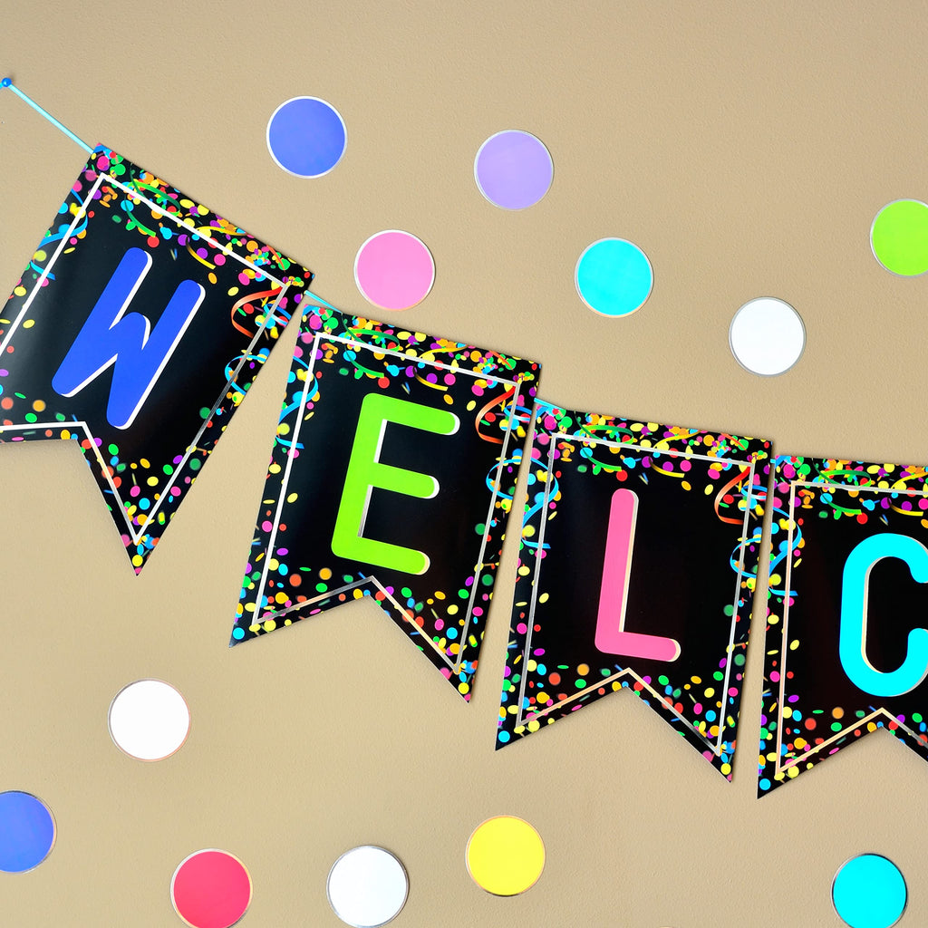Youngever 67 pcs Confetti Pennants Welcome Bulletin Board with Golden Border (Black)