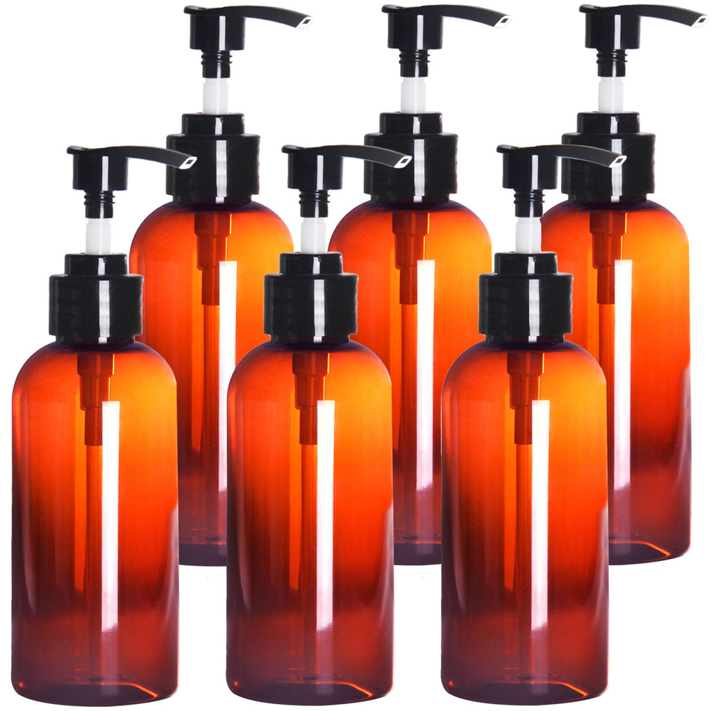 Youngever 6 Pack Amber Plastic Pump Bottles, Refillable Plastic Pump Bottles for Dispensing Lotions, Shampoos, Hand Sanitizer and More