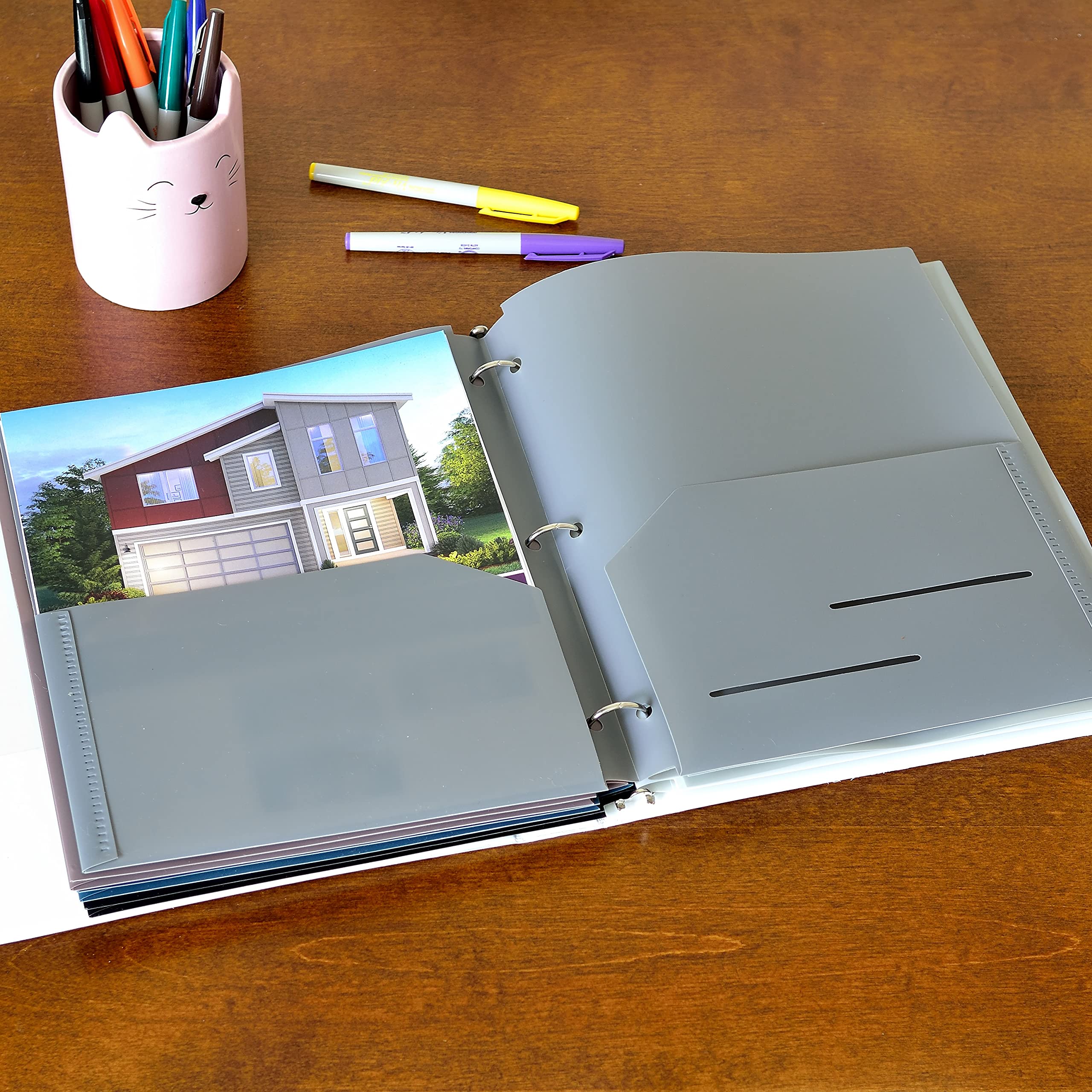 Youngever 6 Pack Heavy Duty Plastic Two Pocket Folders, Binder Dividers with Pocket, 3 Hole Punch Folder with Notches, Binder Folders