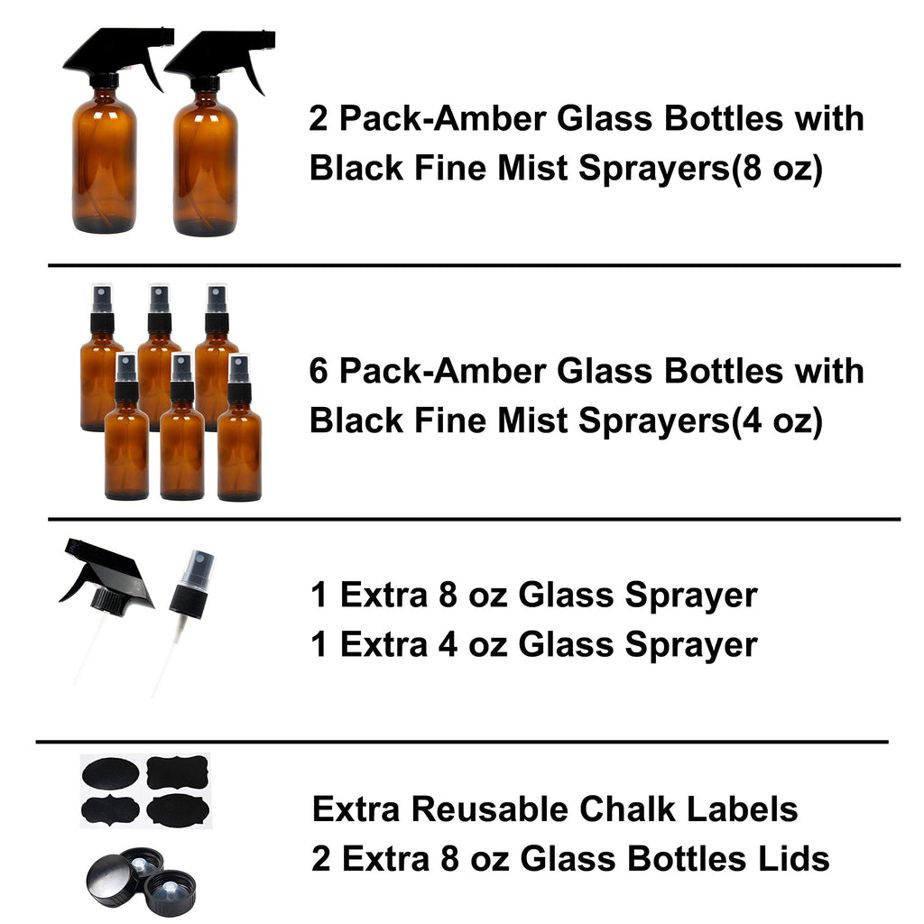 Youngever 8 Pack Empty Amber Glass Spray Bottles Set, 2 Pack 8 Ounce and 6 Pack 4 Ounce Refillable Containers for Essential Oils, Cleaning Products, Durable Black Trigger Sprayer Fine Mist and Stream