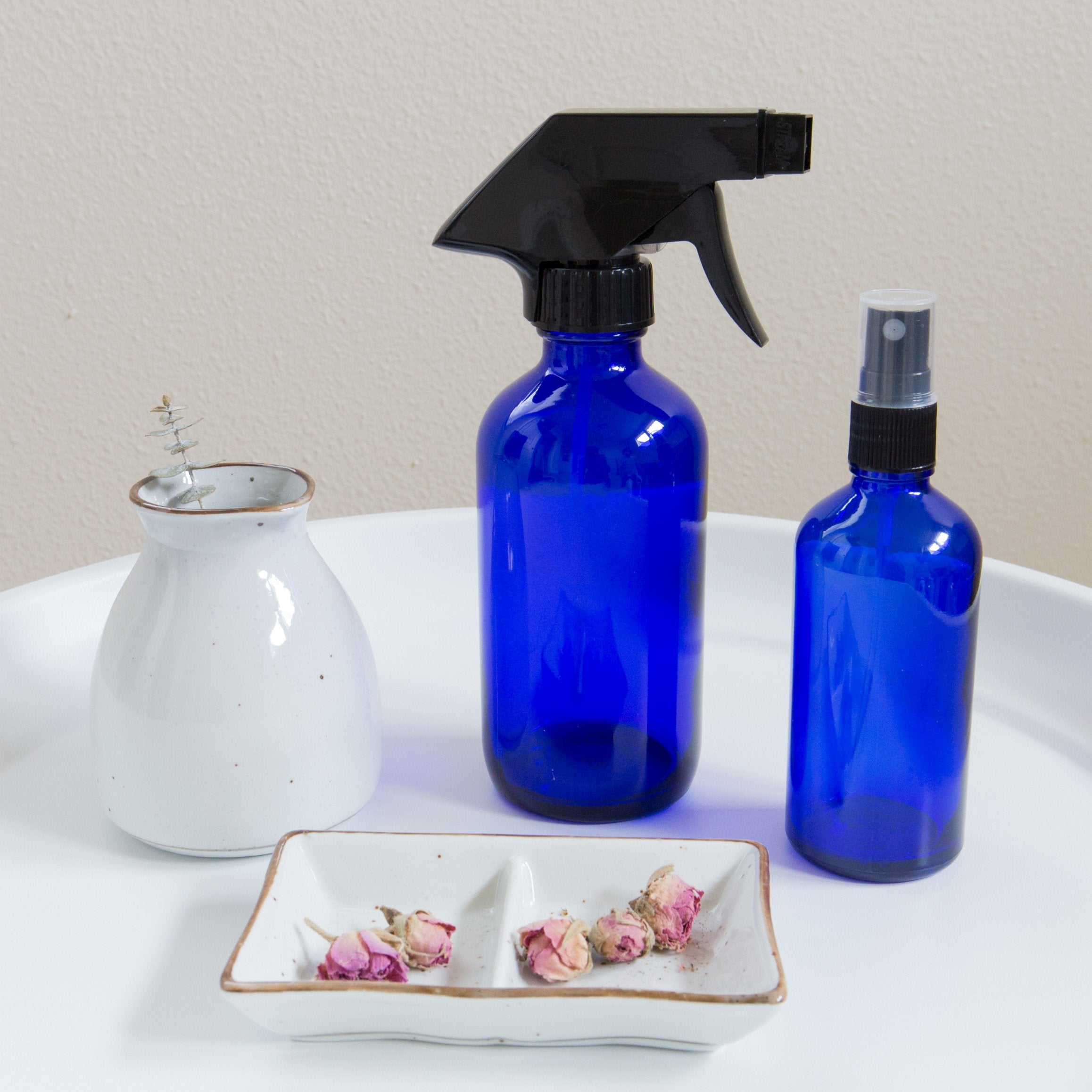 Youngever 8 Pack Empty Cobalt Blue Glass Spray Bottles, 2 Pack 8 Ounce and 6 Pack 4 Ounce Refillable Containers for Essential Oils, Durable Black Trigger Sprayer Fine Mist and Stream