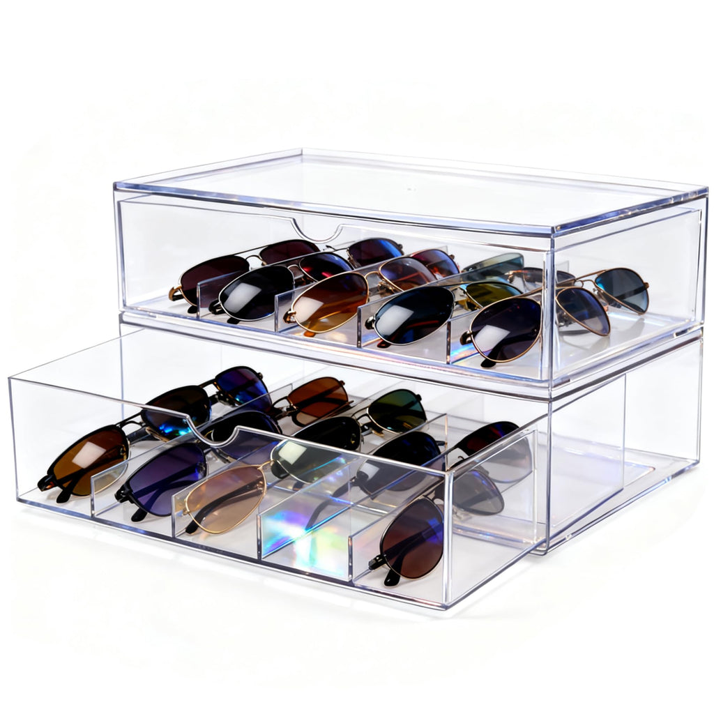 Youngever 2 Pack Sunglasses Organizer Box, Stackable Sunglasses Storage Case, 5 Divided Sections Eyewear Organizer (12" x 8" x 3.5")