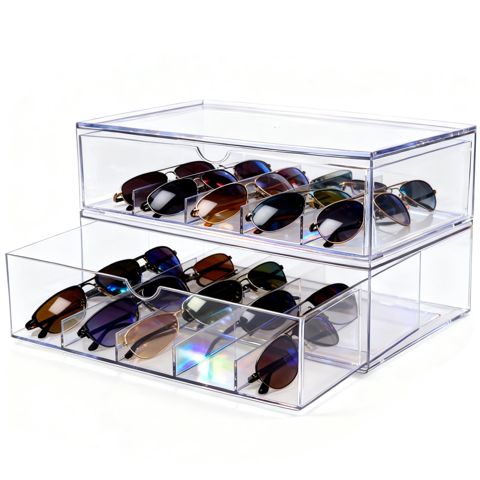 Youngever 2 Pack Sunglasses Organizer Box, Stackable Sunglasses Storage Case, 5 Divided Sections Eyewear Organizer (12" x 8" x 3.5")
