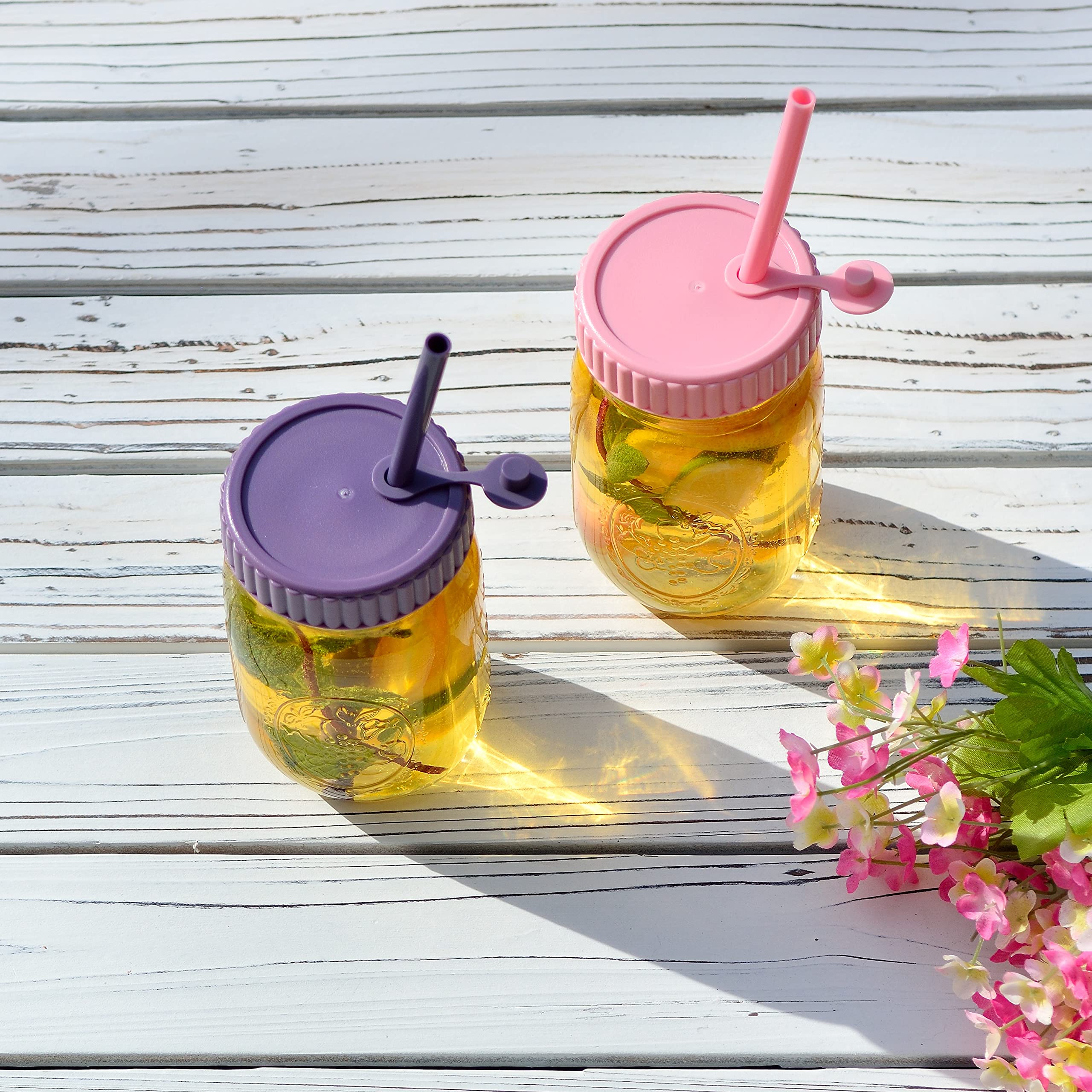 Youngever 18 Pack Plastic Mason Jar Lids with 9 Pack Silicon Straws, Food Grade Plastic Storage Caps for Mason, Canning Jars