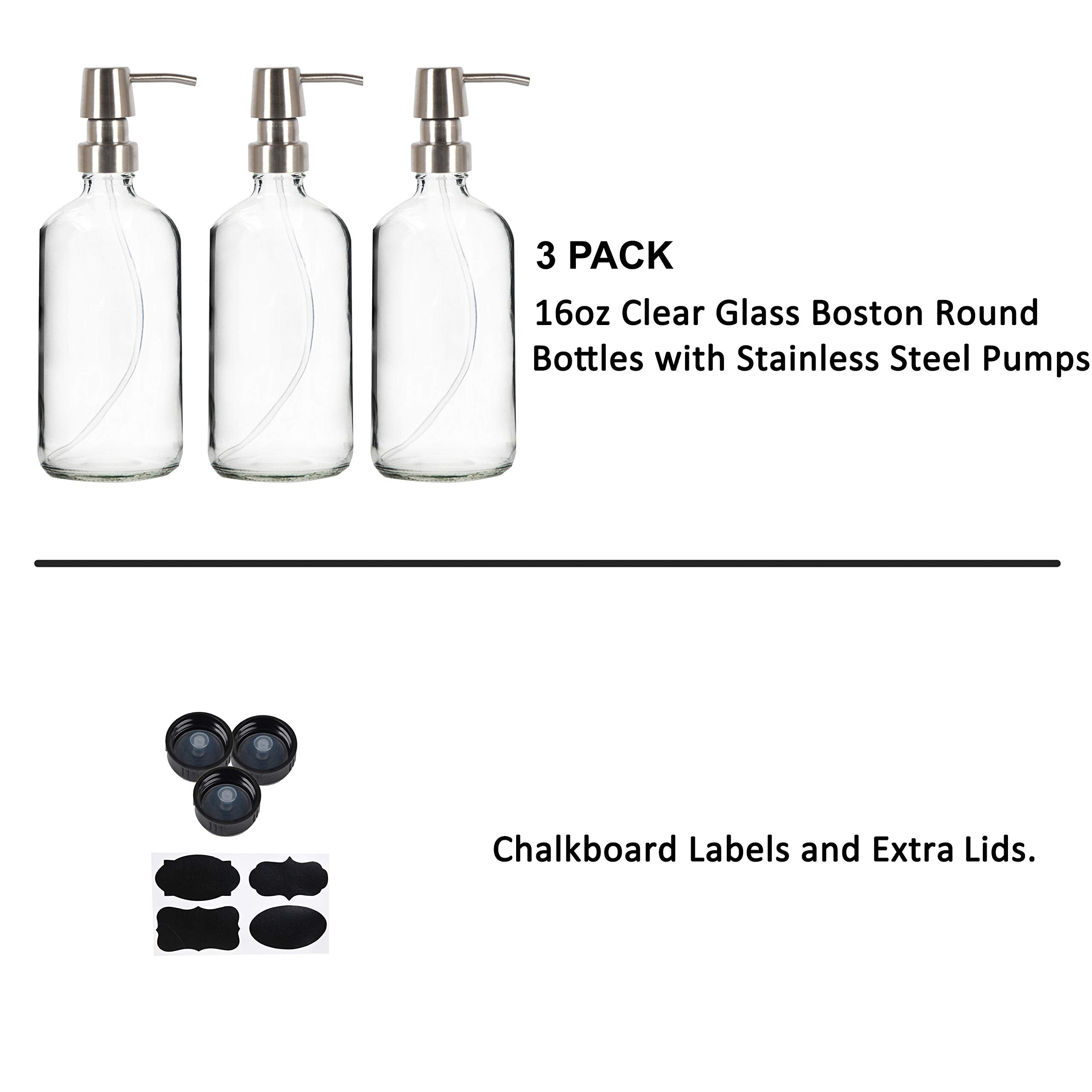 Youngever 3 Pack 16 Ounce Clear Glass Boston Round Bottles with Stainless Steel Pumps, Glass Soap Dispensers with Extra Labels and Lids, Great for Essential Oils, Lotions, Liquid Soaps