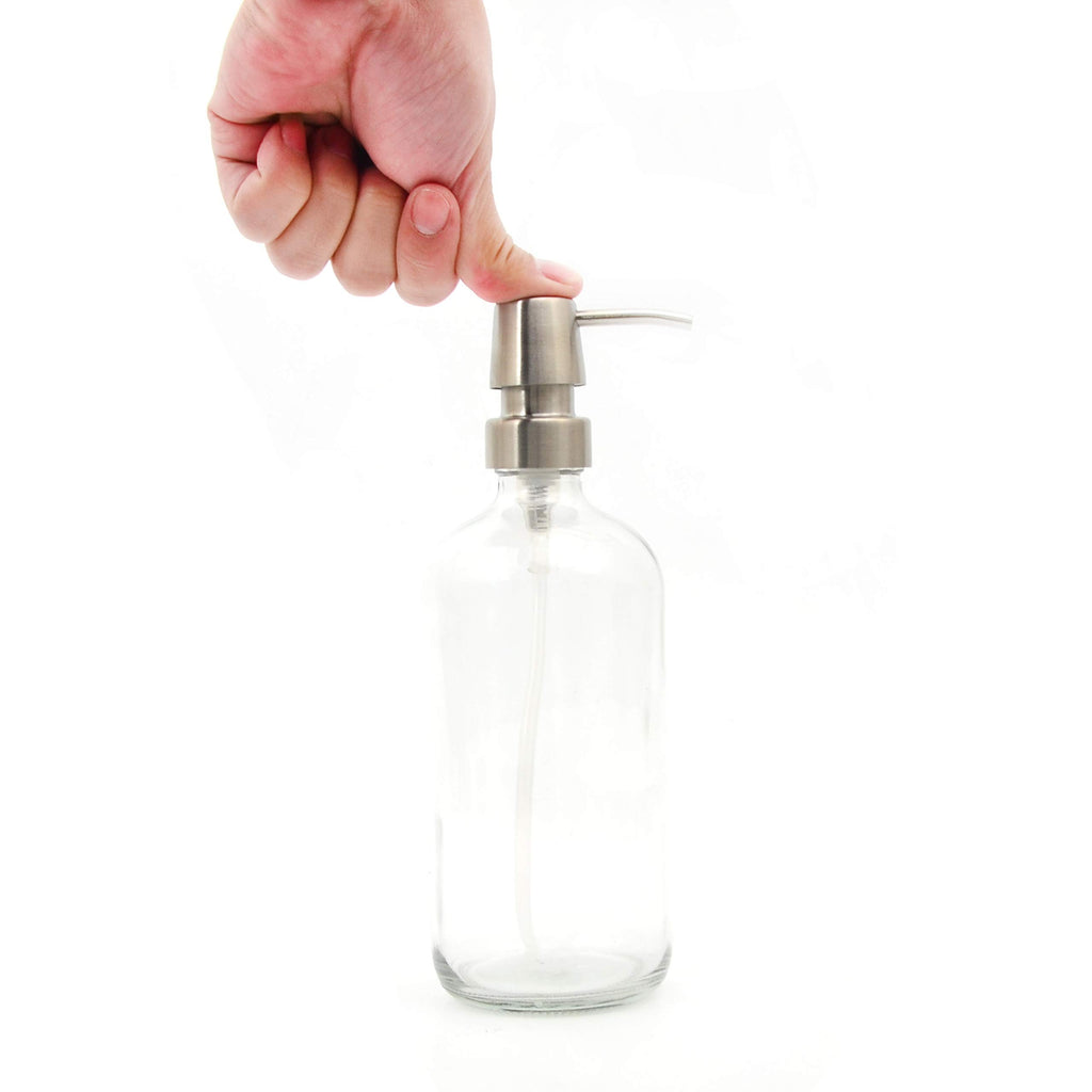 Youngever 3 Pack 16 Ounce Clear Glass Boston Round Bottles with Stainless Steel Pumps, Glass Soap Dispensers with Extra Labels and Lids, Great for Essential Oils, Lotions, Liquid Soaps