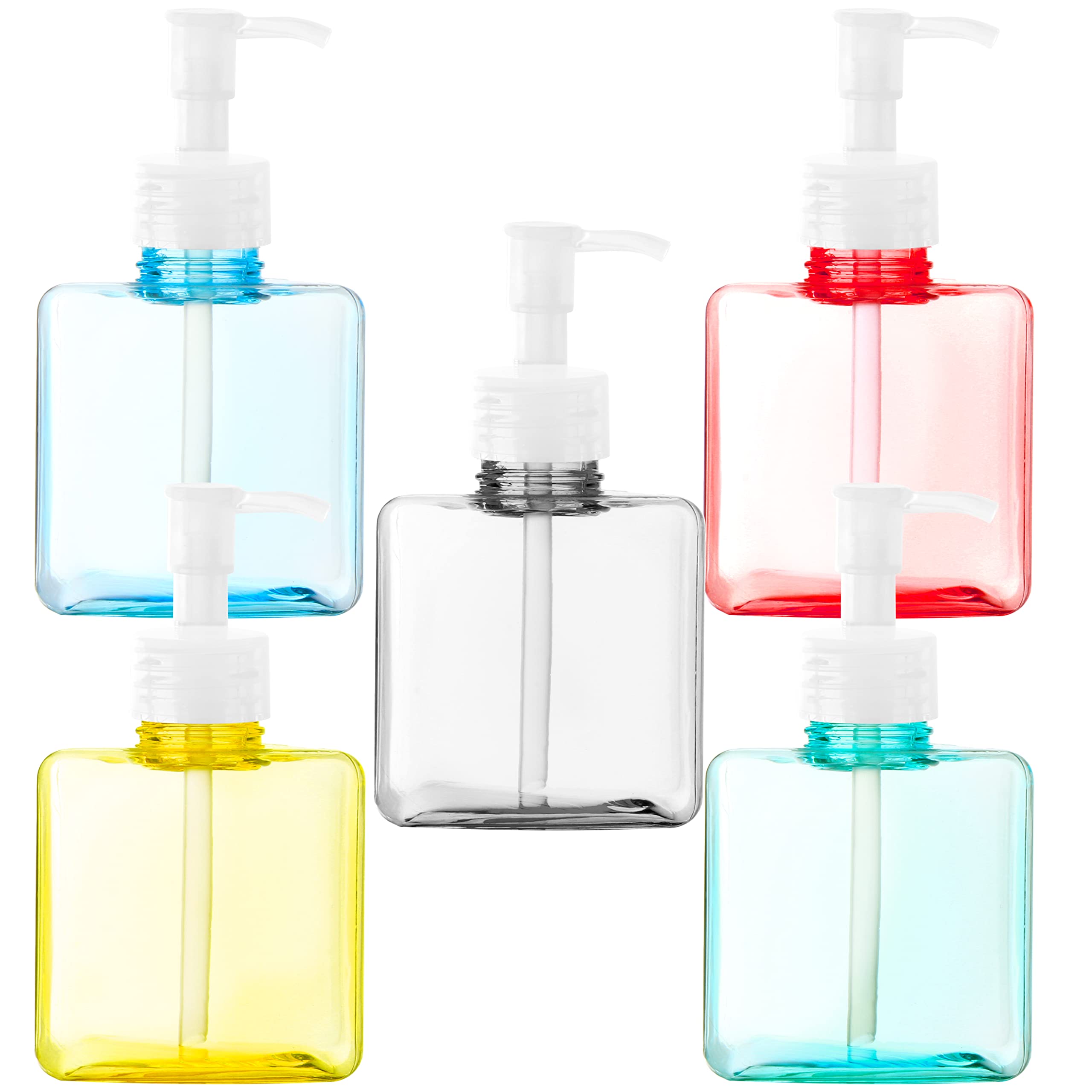 Youngever 5 Pack Color Plastic Square Pump Bottles, Refillable Plastic Pump Bottles for Dispensing