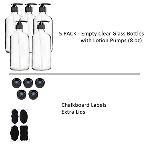 Youngever 5 Pack Empty Clear Glass Pump Bottles, 8 Ounce Lotion Pump Bottles, Soap Dispenser, Refillable Containers, Durable Black Pumps
