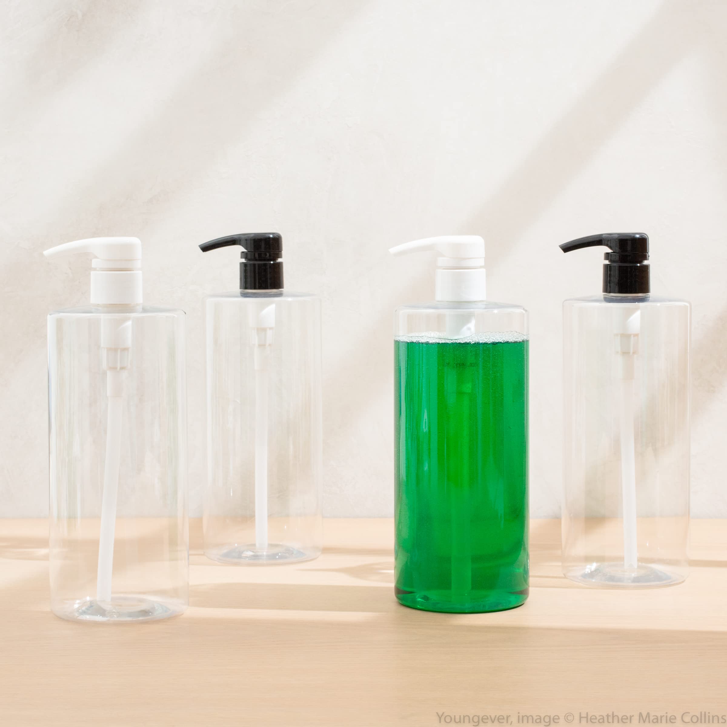 Youngever 4 Pack Pump Bottles for Shampoo 32 Ounce (1 Liter), Empty Shampoo Pump Bottles, Plastic Cylinder with Lockdown-Leak Proof-Pumps