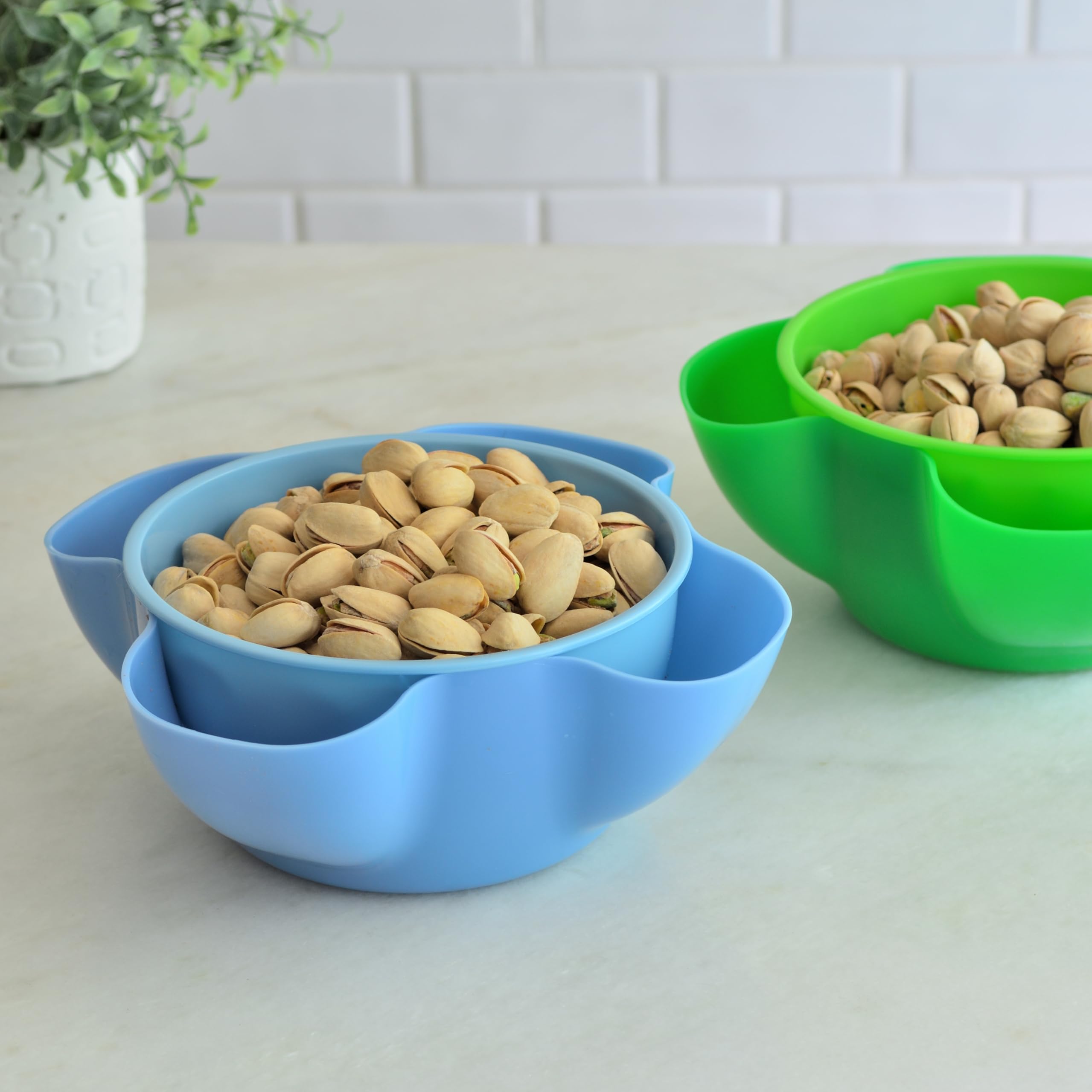 Youngever 2 Pack Plastic Nut Bowls, Double Dish Snack Serving Bowls, 8 Inch Pistachio Bowl, Nuts Serving Bowl for Peanuts, Pistachio, Edamame, Fruit