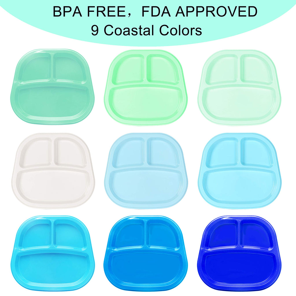 Youngever 3-Compartment Divided Plastic Kids Tray, 3 Compartment Plates, Set of 9