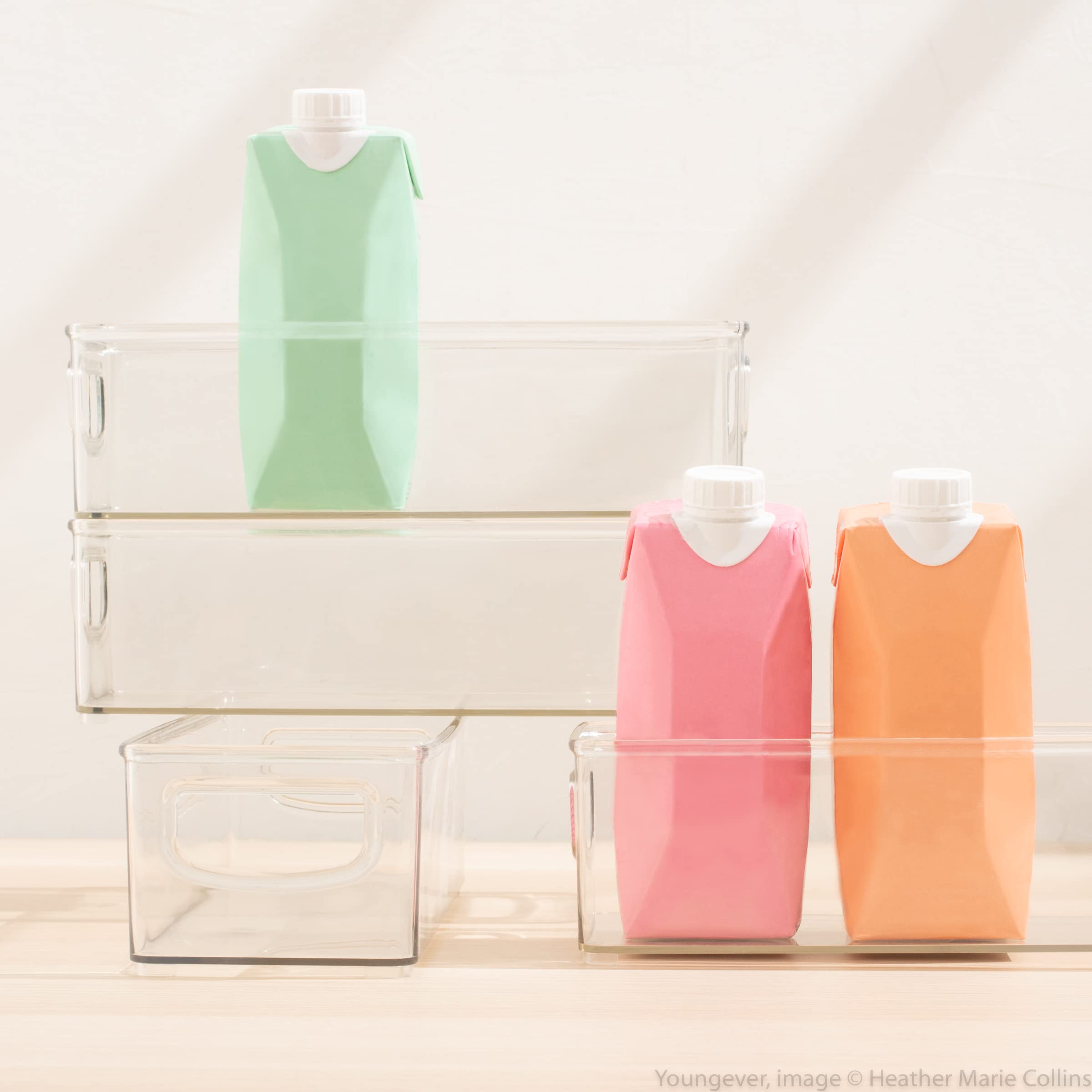 Youngever 2 Pack Stackable Plastic Storage Organizer Container Bin, Stackable Storage Bins with Handler for Refrigerator, Pantry