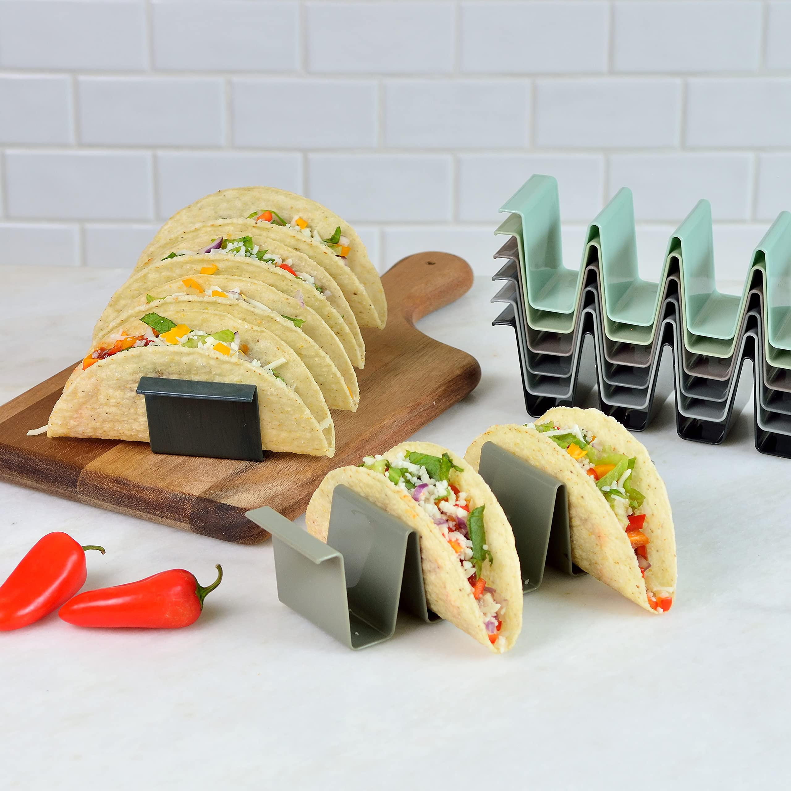 Youngever 8 Pack Plastic Taco Holder Stand, Dishwasher Top Rack Safe, Microwave Safe, Set of 8 Assorted Colors