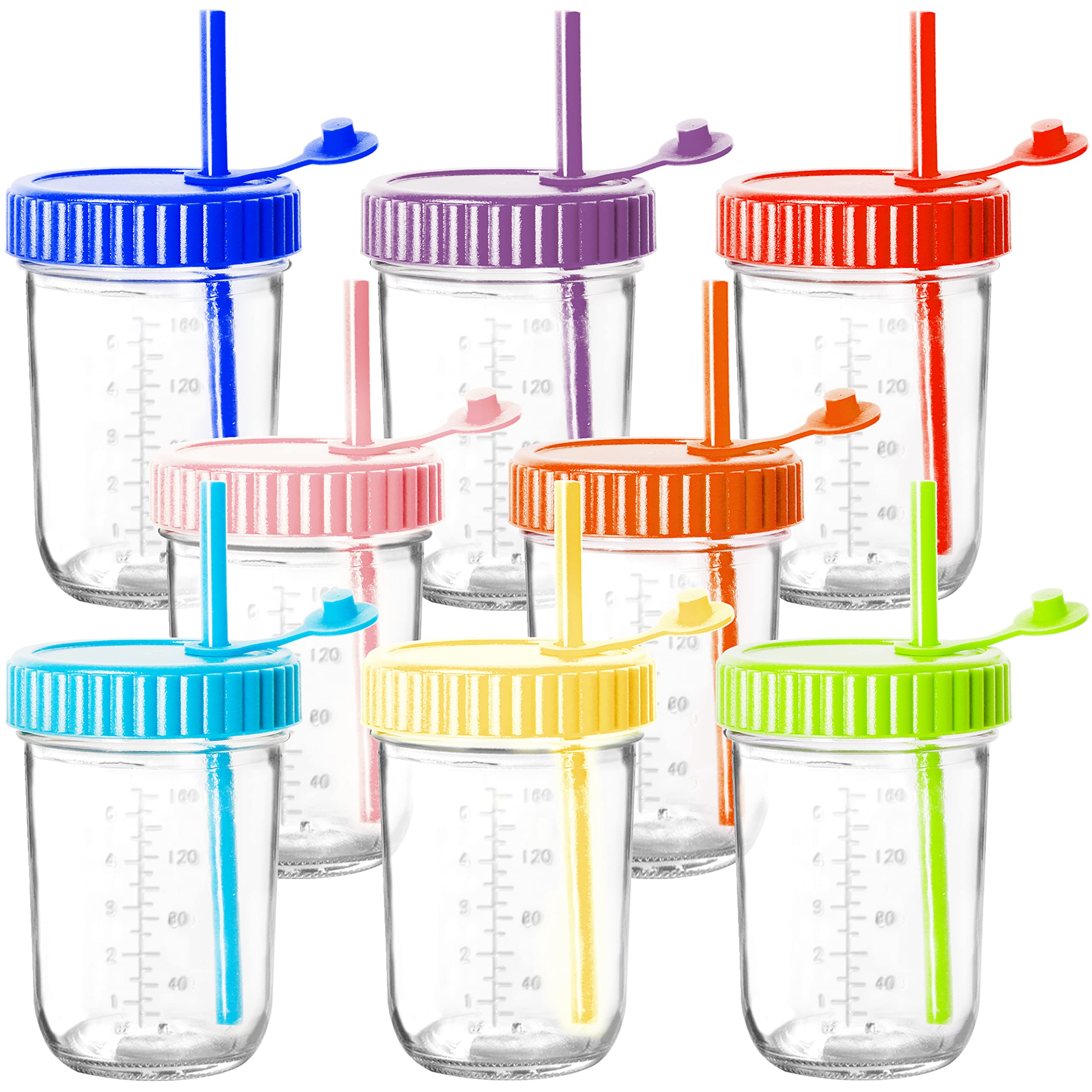 Youngever 8 Pack Glass Jars With Straws, 8 Ounce Cups, Mason Jars With Airtight Lids