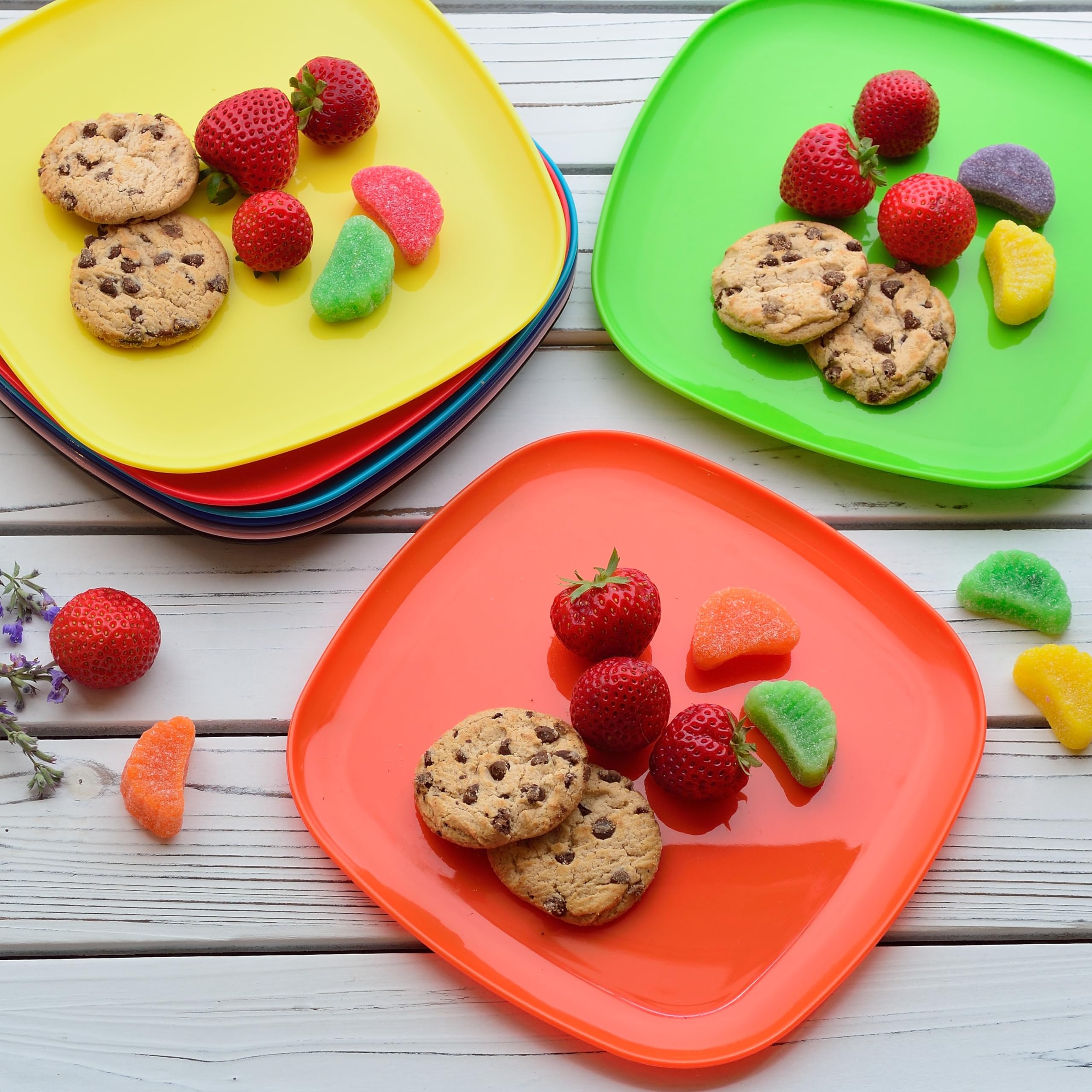 Youngever 9 Pack 8 Inch Plastic Plates, Large Square Plates, Dinner Plates, Set of 9 (9 Rainbow Colors)